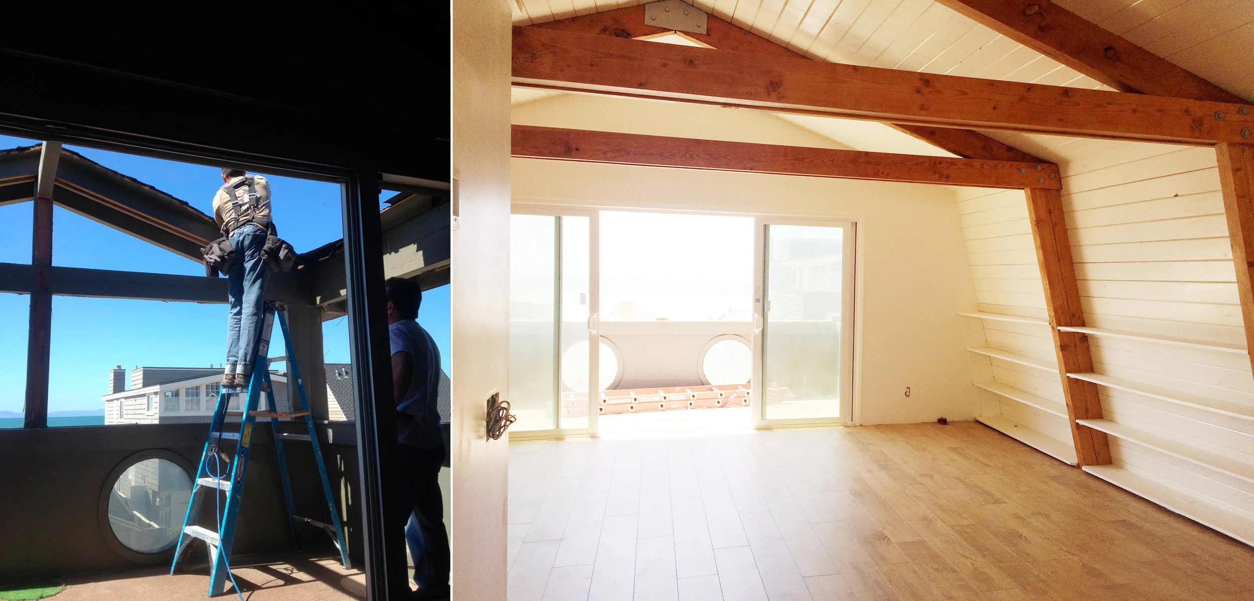 Rooftop is removed off of enclosed balcony and laminate floors are installed in The Beach Lodge living quarters.