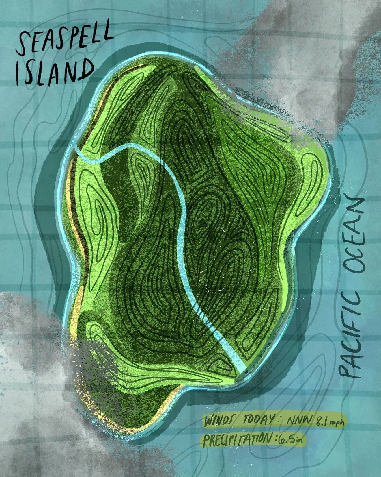 According to a topographical map of Seaspell Island, a river cuts through the middle of the land. I believe that if I follow this river to the very center of the island I will find The Kingdom of Thicket. I have been on Seaspell Island for over a mon