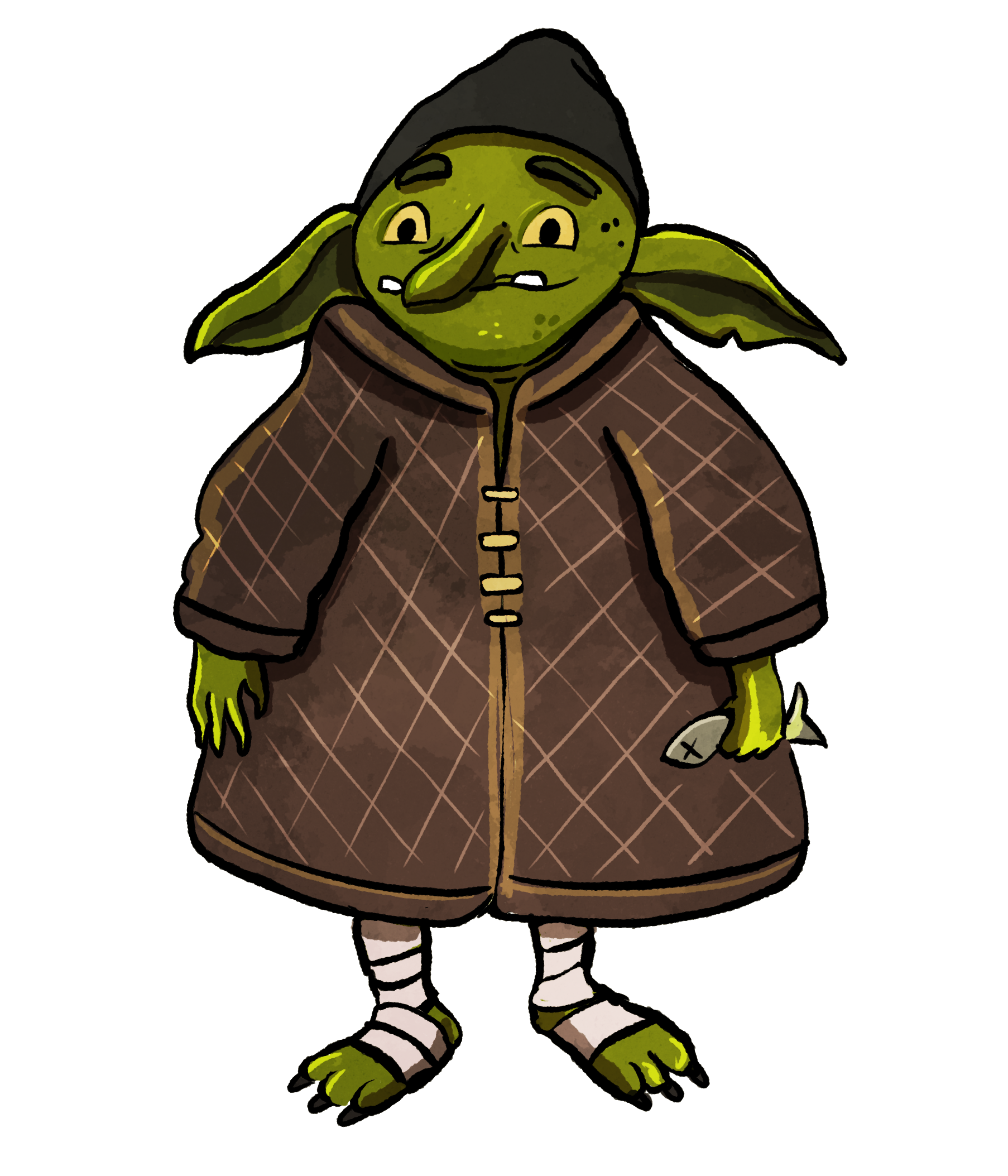 A cartoon goblin with green skin, long nose, pointed ears, wearing a black hood, brown quilted jacket, striped stockings, and sandals.