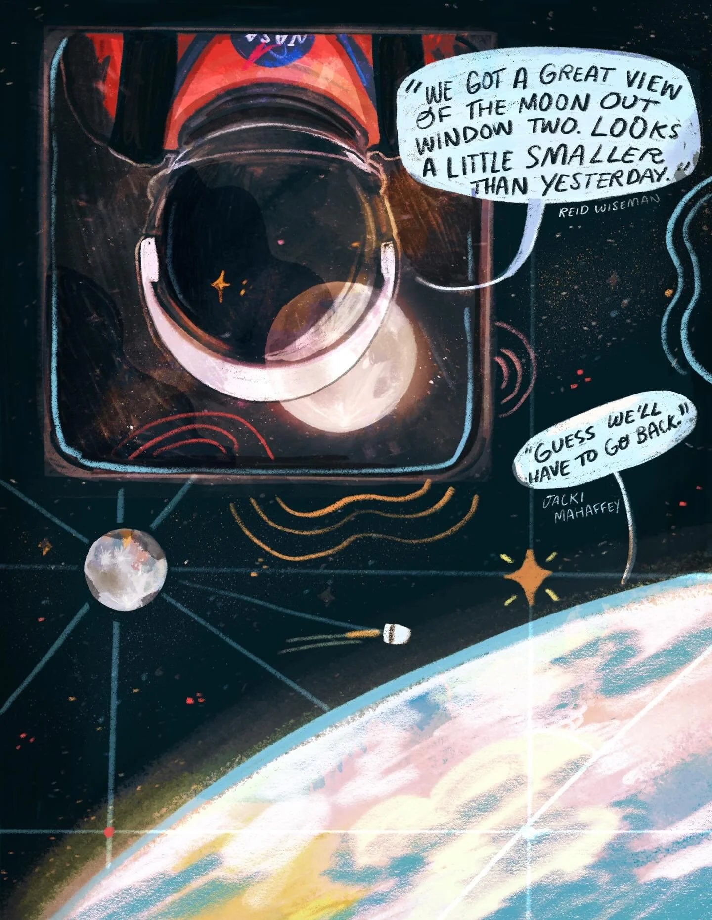 Thanks for all of the love yesterday on my Space Hug illustration! I am blown away by the response. 🥹 Like many of you, I&rsquo;ve been following the mission live. Here&rsquo;s another sketch from the livestream plus the highly requested addition of