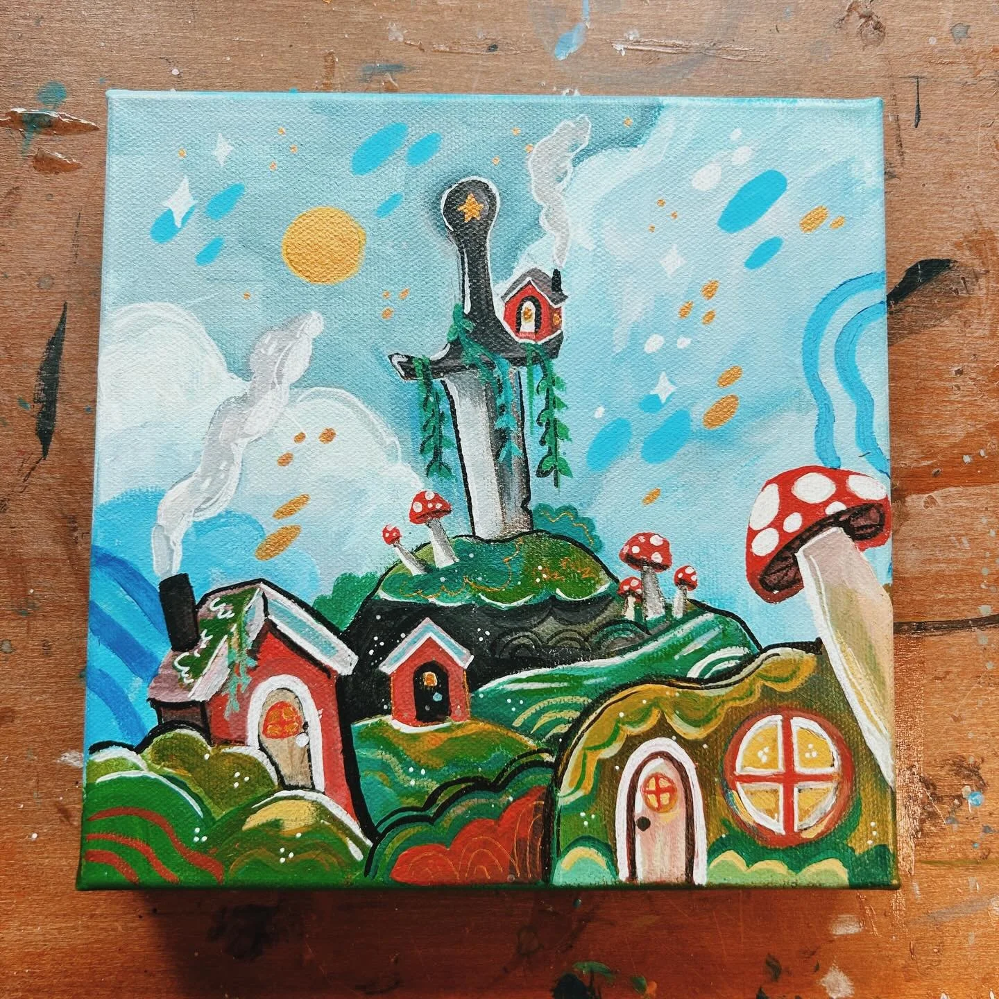 And when the fight was done, the grass grew over the swords and tiny homes for peaceful folk overtook the battlefield. 

#art #illustration #painting #fantasy #queerartistsofinstagram