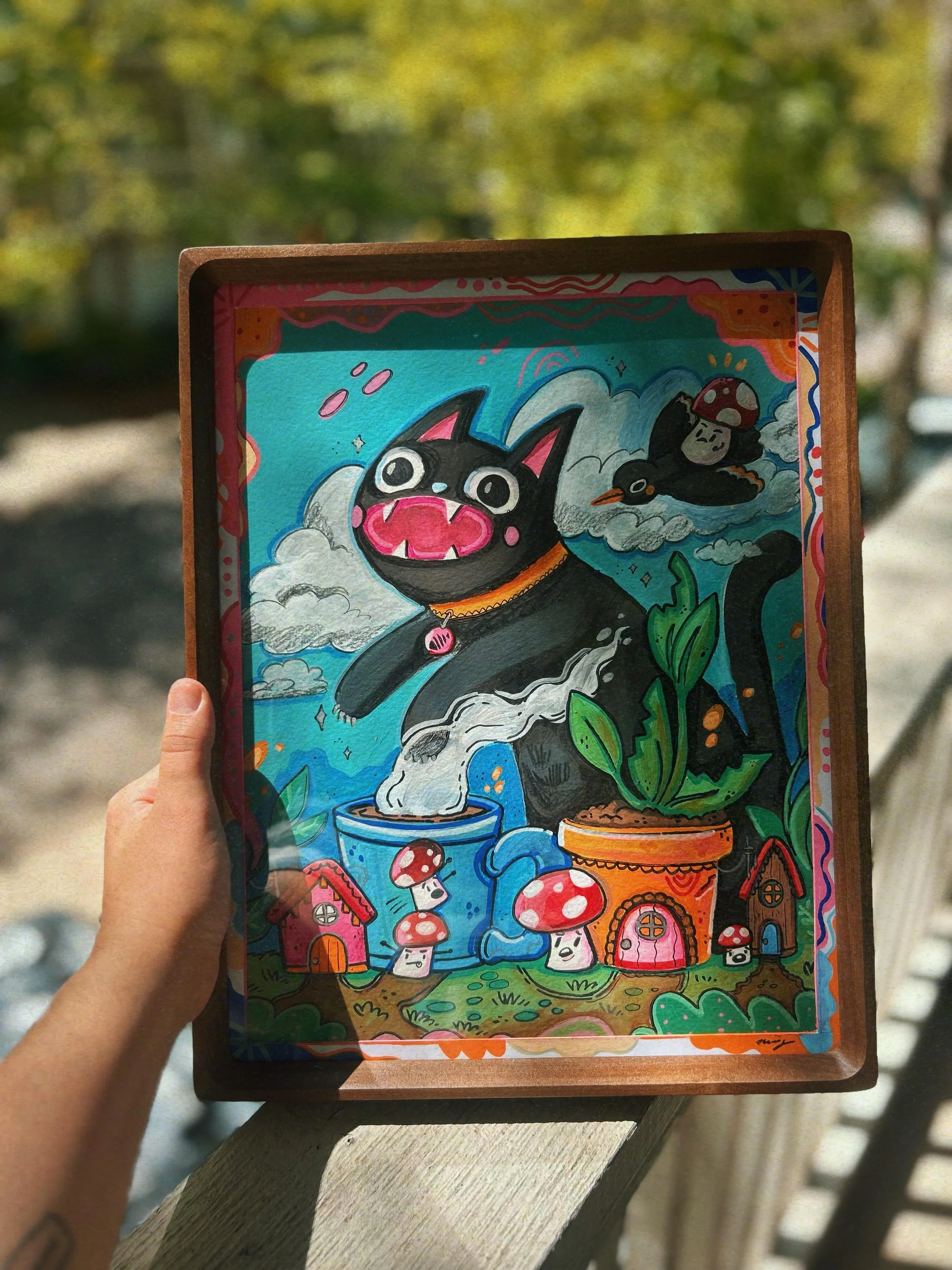 New work for @giantrobotstore and the upcoming annual Kaiju show!! 
&ldquo;Attack on Mushroom City&rdquo; Mixed media on paper, framed. Swipe for progress shots!

This was such a fun one. Thank you to @cassloop for the invite!!