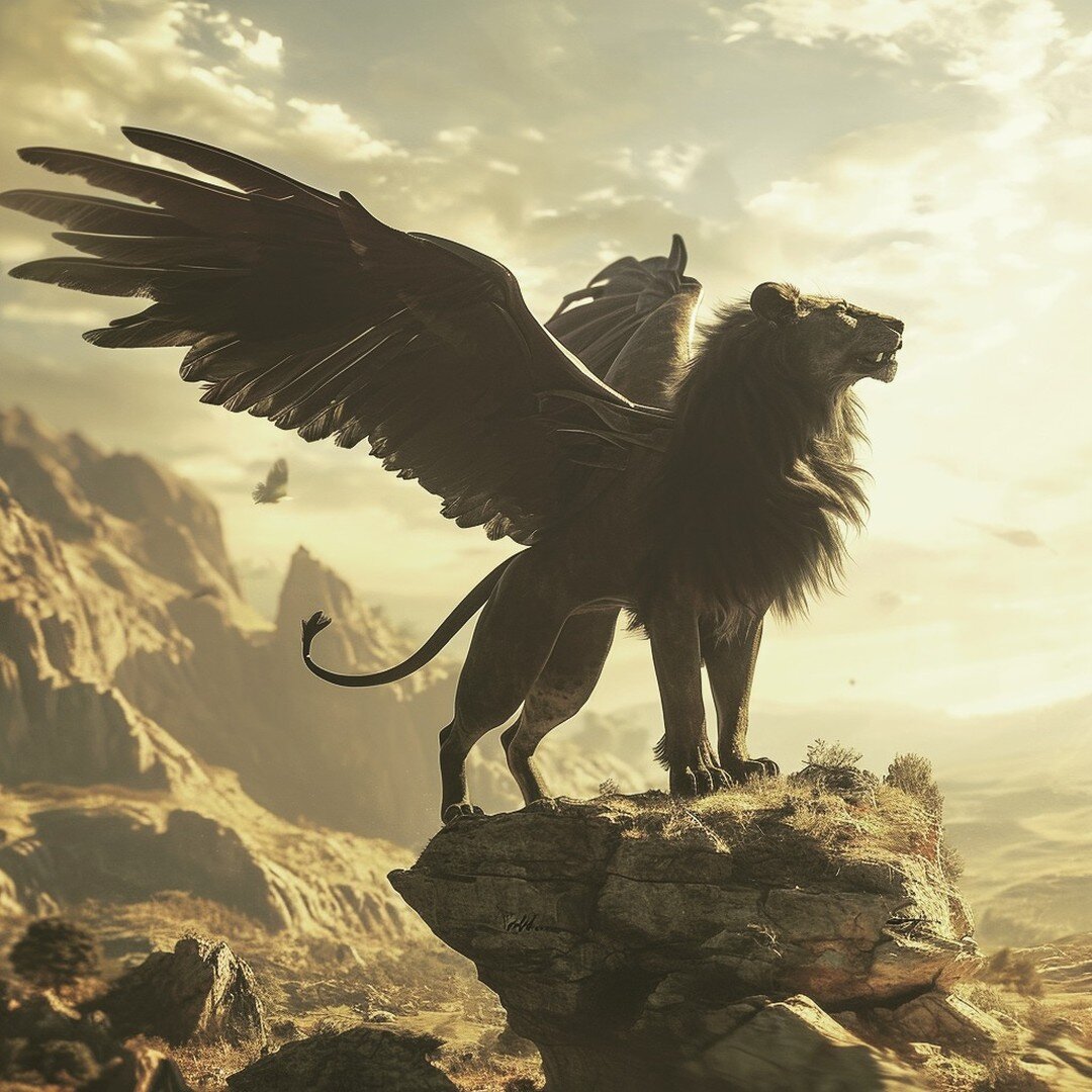 Animal fusion hybrid of a Black Lion and a Black Eagle in natural habitat, powerful wings --style raw --v 6.0