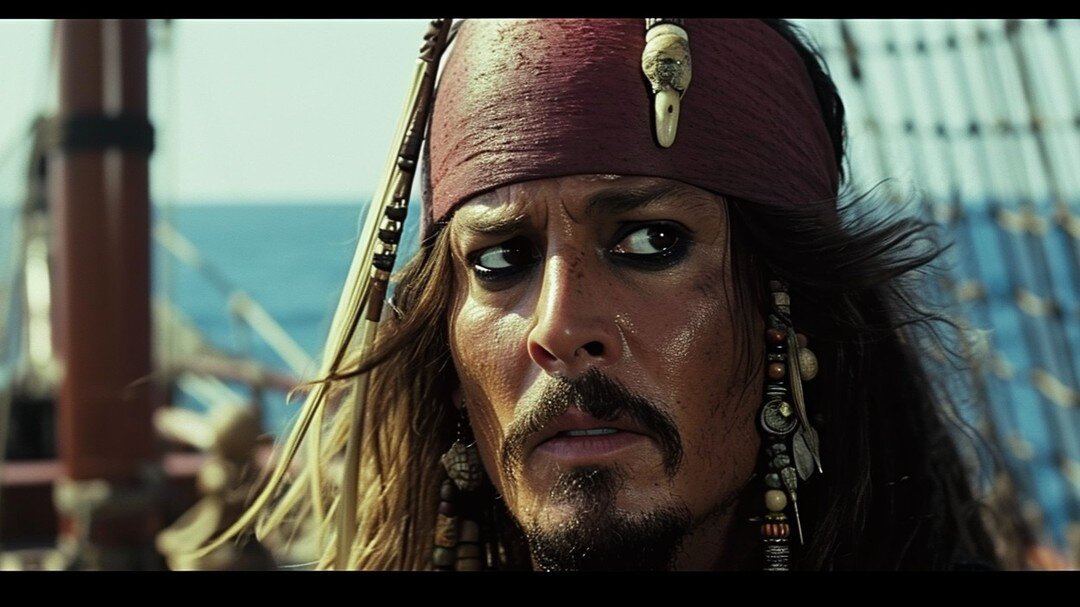 Cinematic shot of Captain Jack Sparrow in 1950s film, Galleon ship, Pirates of the caribbean, panavision, 70mm, in color, grainy, inspired by the style of Lawrence of Arabia --ar 240:100 --v 6.0
