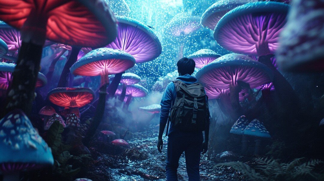 Cinematic, A tourist man with backpack walking through a giant mushroom jungle, magic reality, dark and moody, neon, 60&rsquo;s sitcom style, shot on Panavision, fairy dust, glitter --ar 16:9 --v 6.0