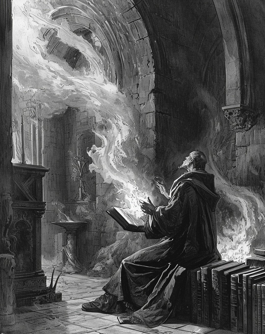 an evil monk summoning the devil at the reading room in a church, with a book on his knees, flames, devil, dark and moody, in the style of brothers grimm, scientific illustrations, solarization, anglocore, 18th century, associated press photo, chalk 
