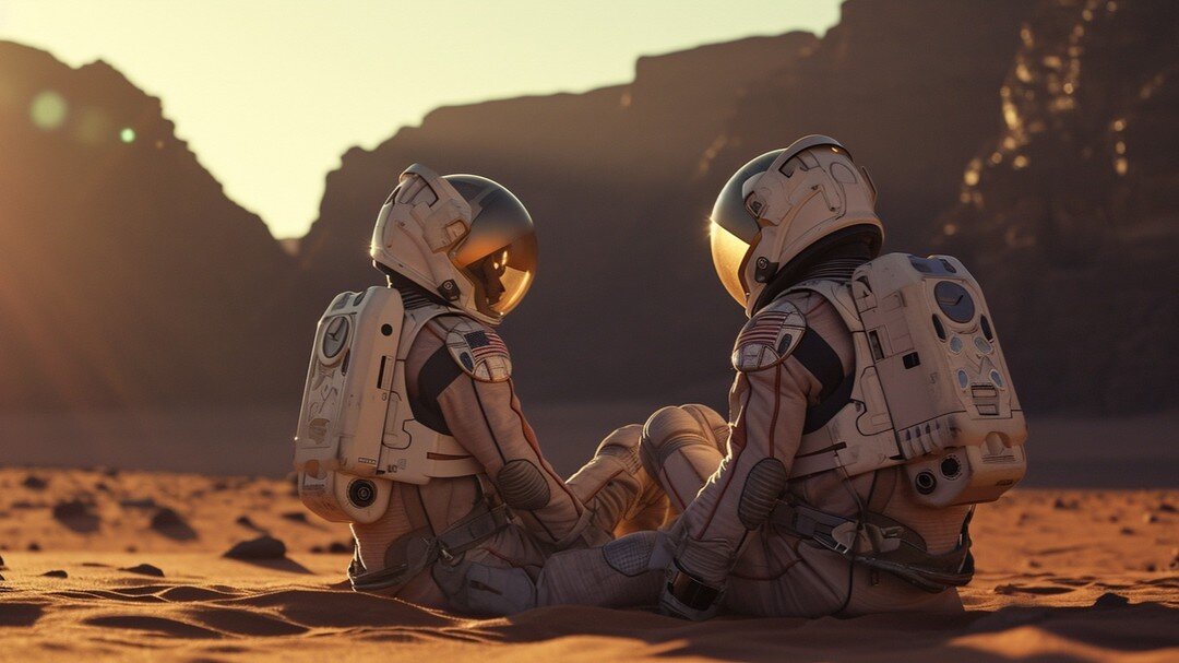 Cinematic, astronaut couple arguing on Mars, sad moment, Shot on Canon EOS 5D Mark IV --ar 16:9 --v 6.0
