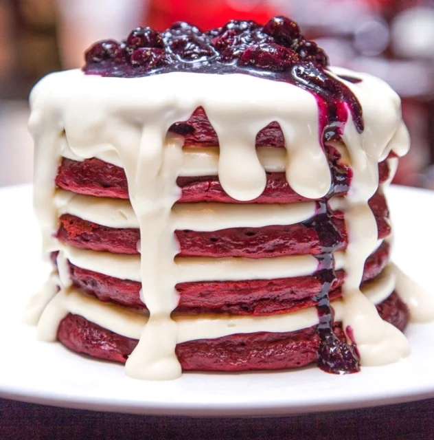 Red Velvet Pancakes w/ Lemon Cream Cheese Glaze &amp; Blueberry Compote