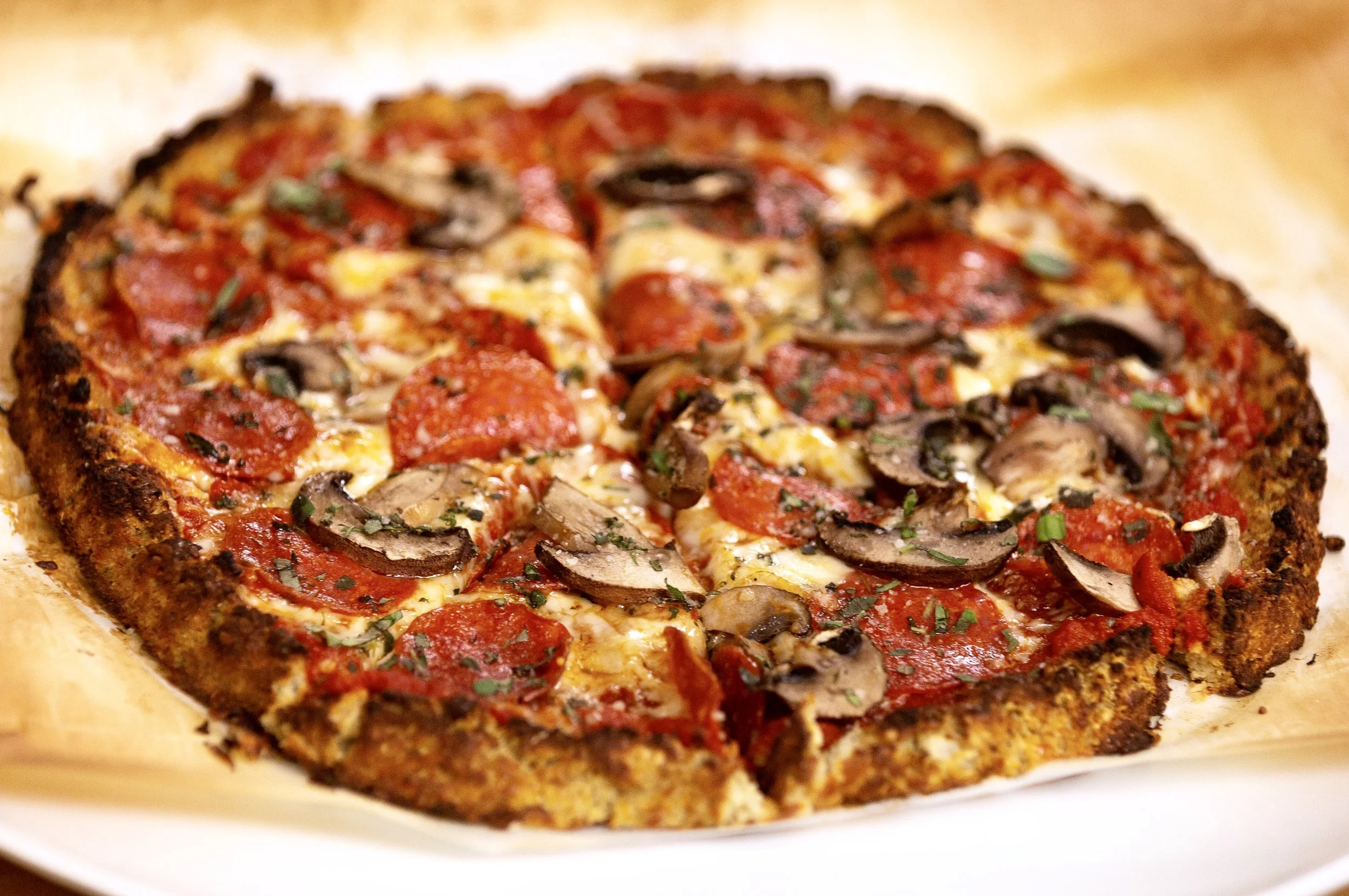 Keto Cauliflower Pizza with Pepperoni & Cremini Mushrooms