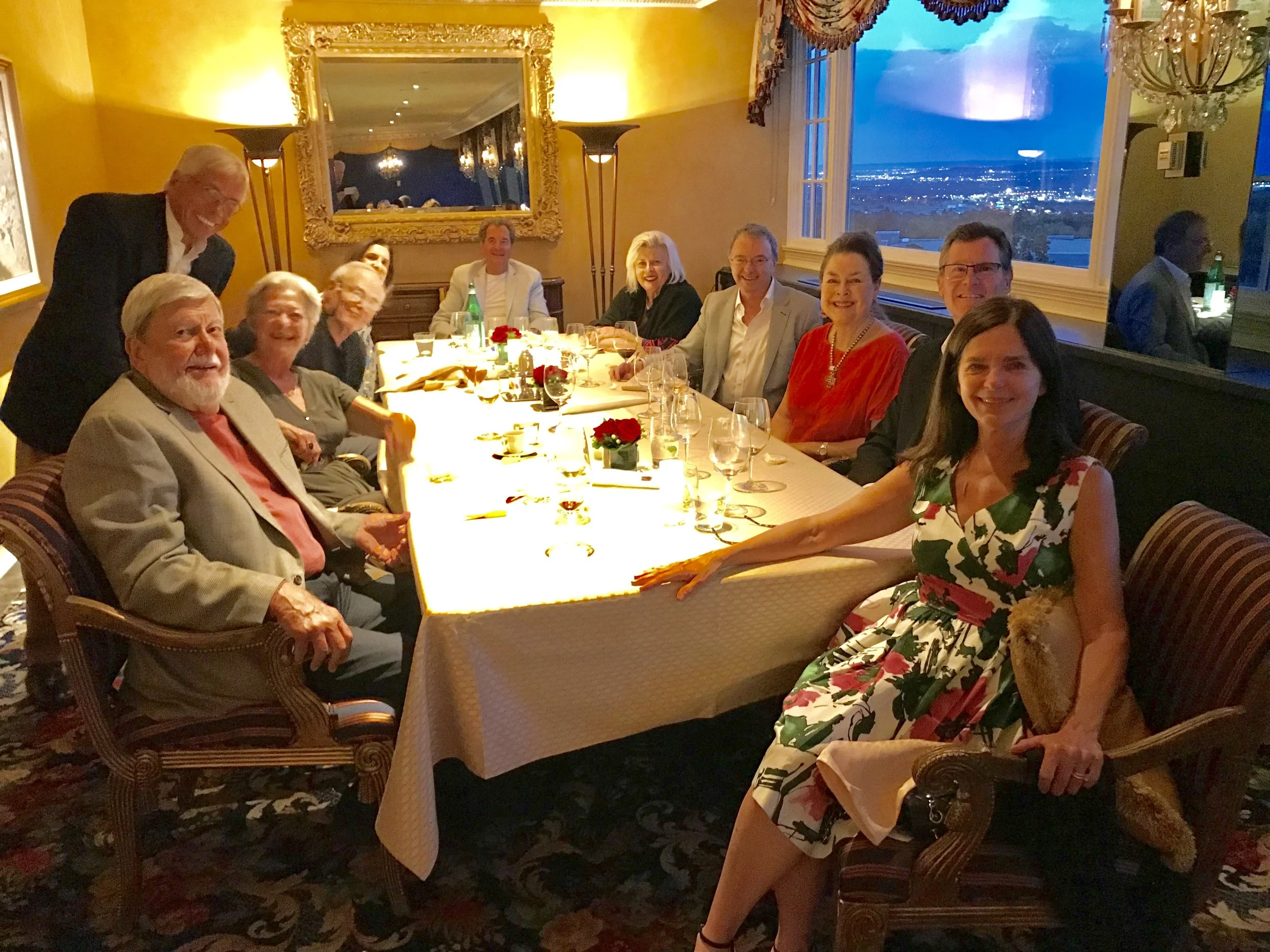 Don Howarth, Suzelle M. Smith, Julie and Bob Finnerty, Jackie Perry, Bob and Lyn Parks, Paul Sreenan, and Dicky and Mary Gay Grigg. Penrose Room Broadmoor, IATL Meeting Colorado Springs, July 2018