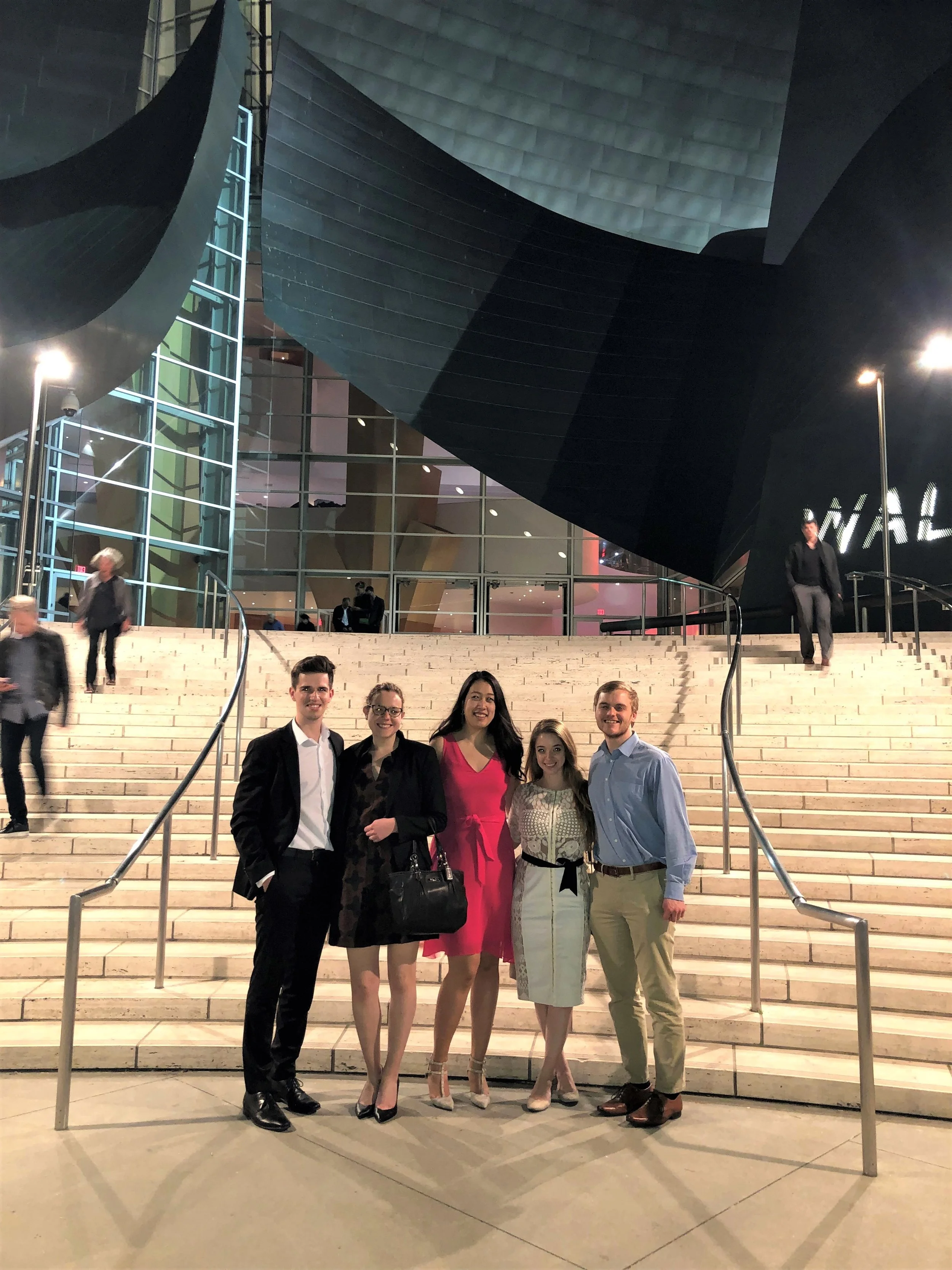Howarth & Smith Oxford Fellows Robert Dickens and James Wills, Summer Associate, Léa Carresse, Associate, Pauleen Truong and Paralegal, Alice Gilbert, start the summer season with a concert at Walt Disney Concert Hall, May 3, 2019. Emanuel Ax plays Mozart.
