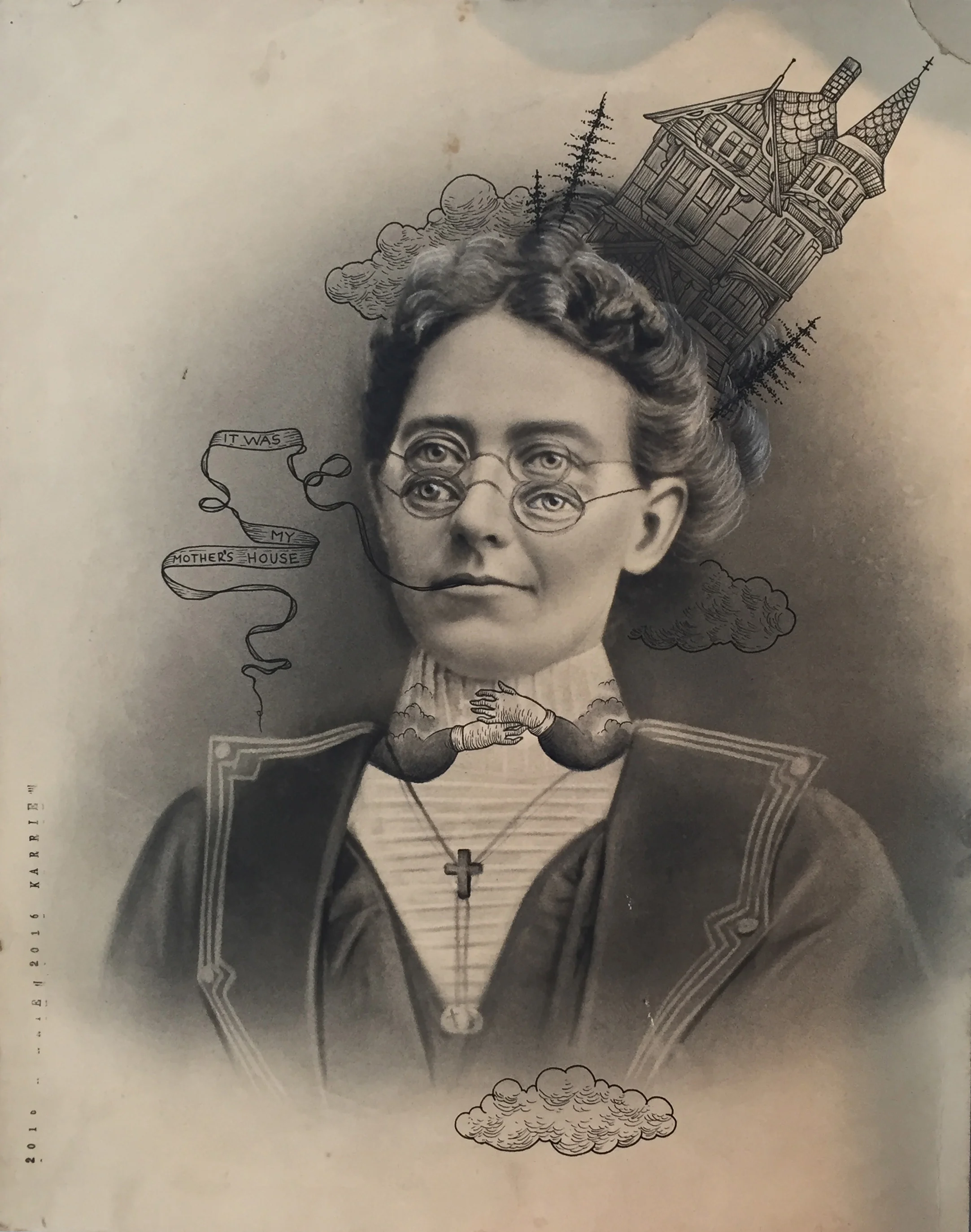 It Was My Mothers House, ink & charcoal on antique photograph 20.0 x 16.0 in