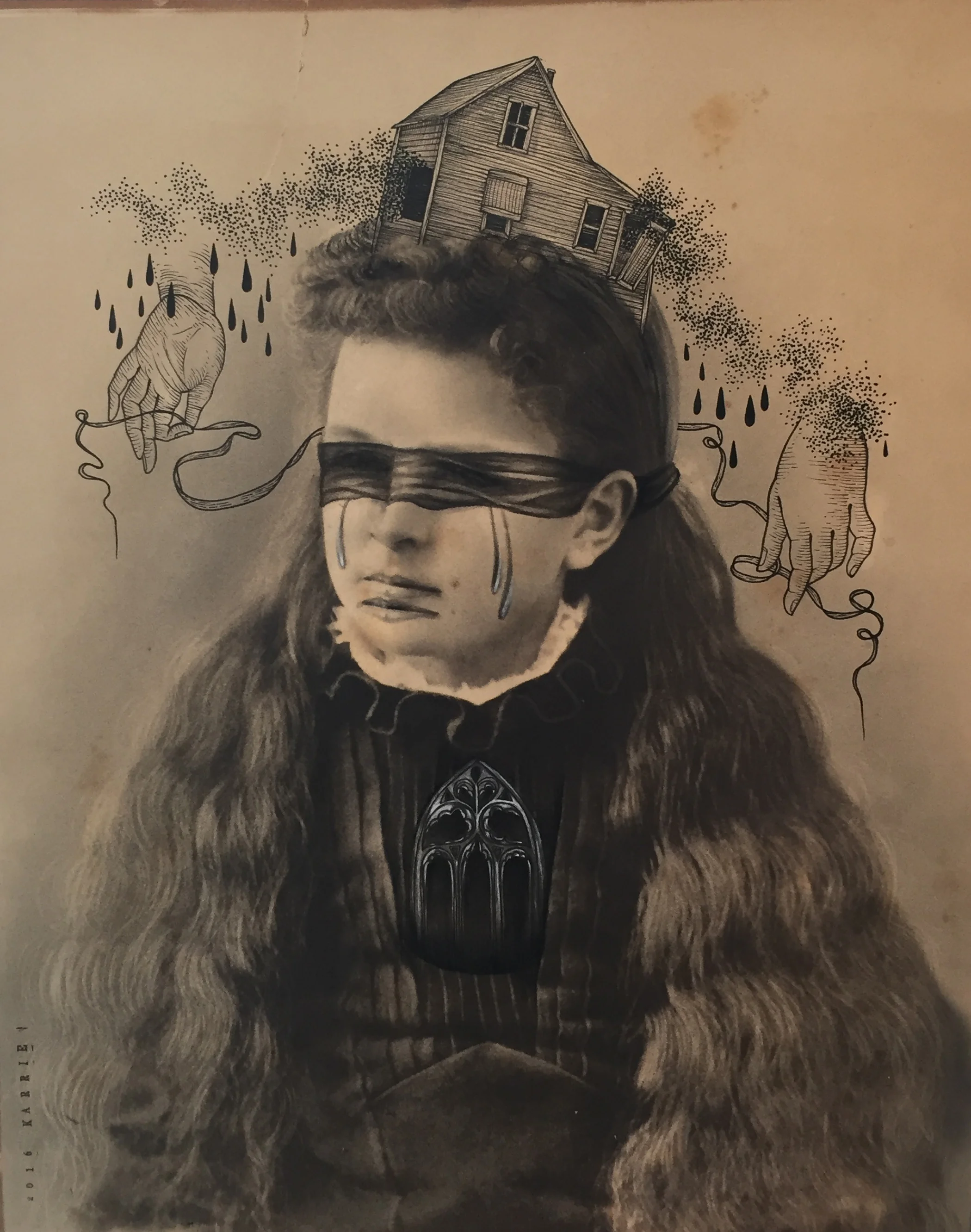 Locked Doors, ink & charcoal on antique photograph 20.0 x 16.0 in