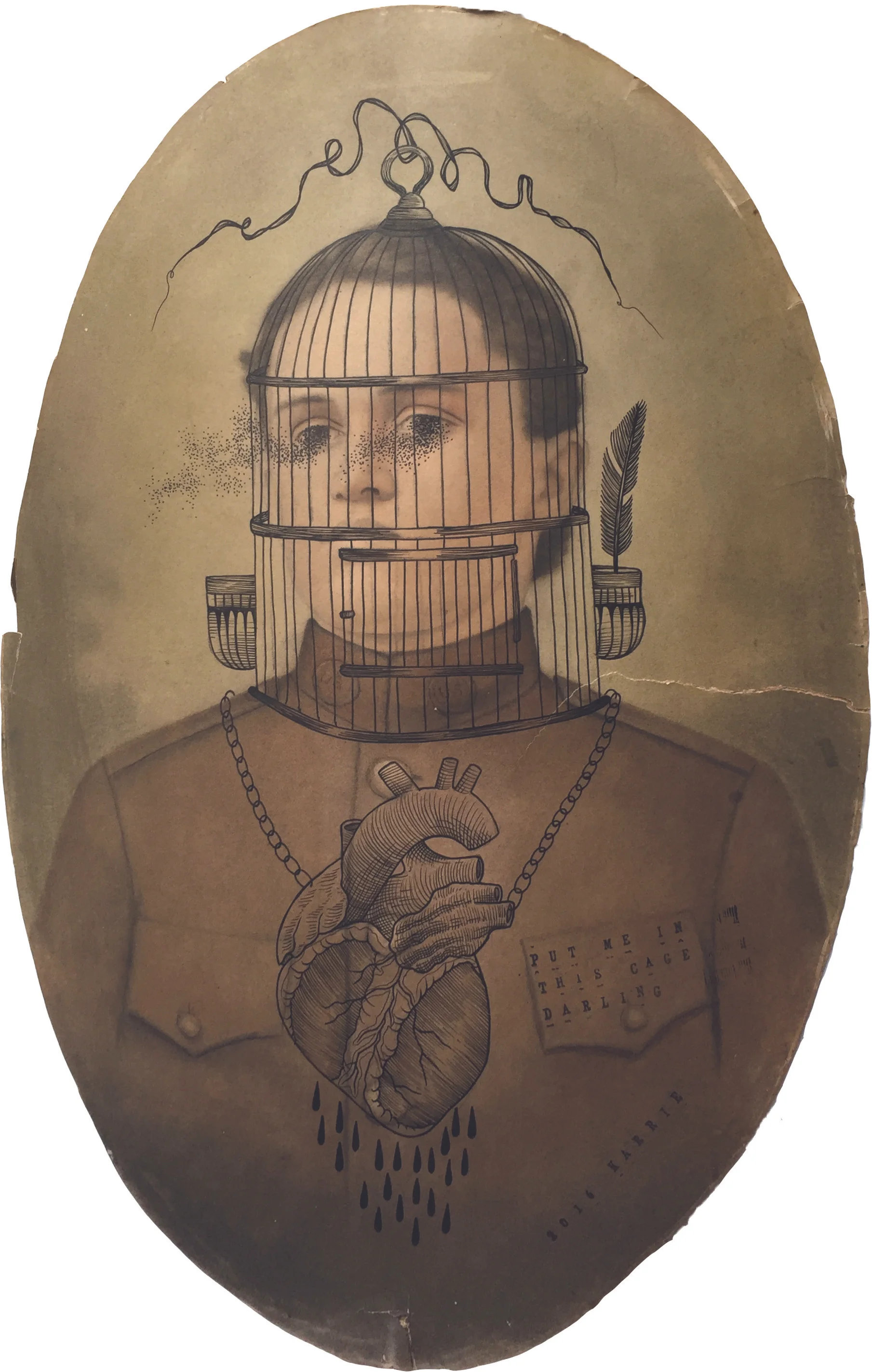 Put Me In This Cage, ink & charcoal on antique photograph 20.0 x 13.0 in