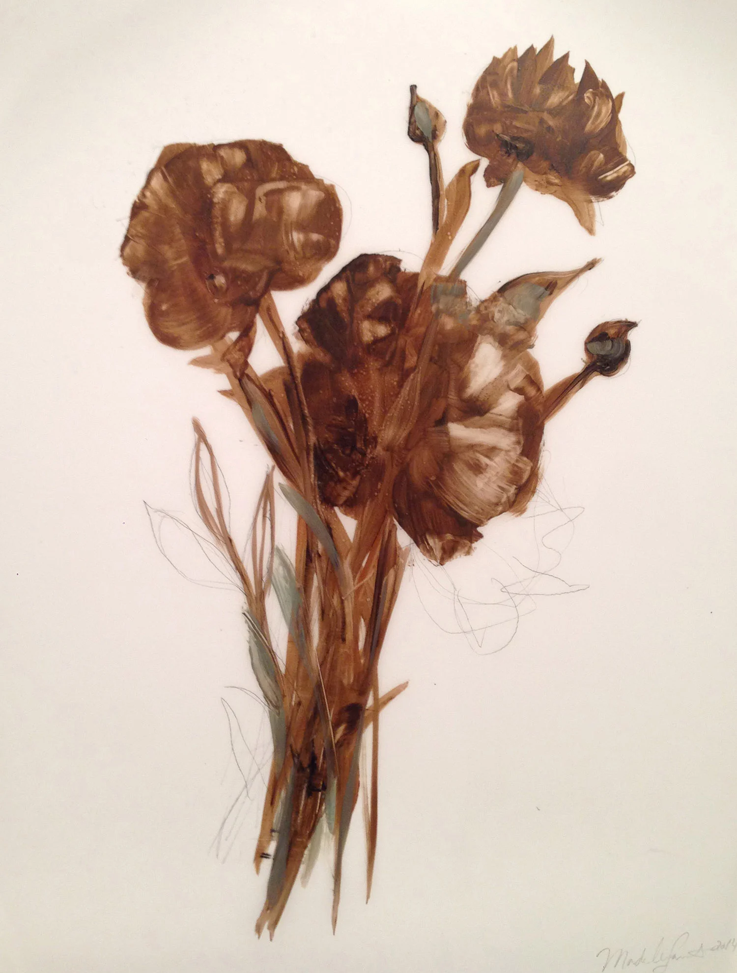 Umber Peonies with Green Flourish & Two Buds, oil on mylar, 24 x 18 in.