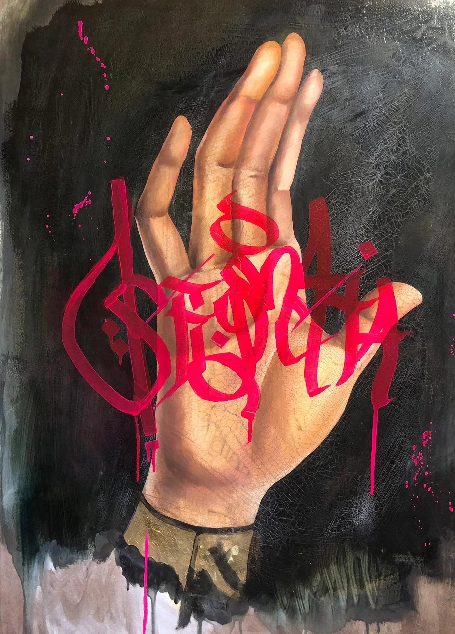 Stigmata, oil & paint marker on gessoed stonehenge, 30 x 22 in.