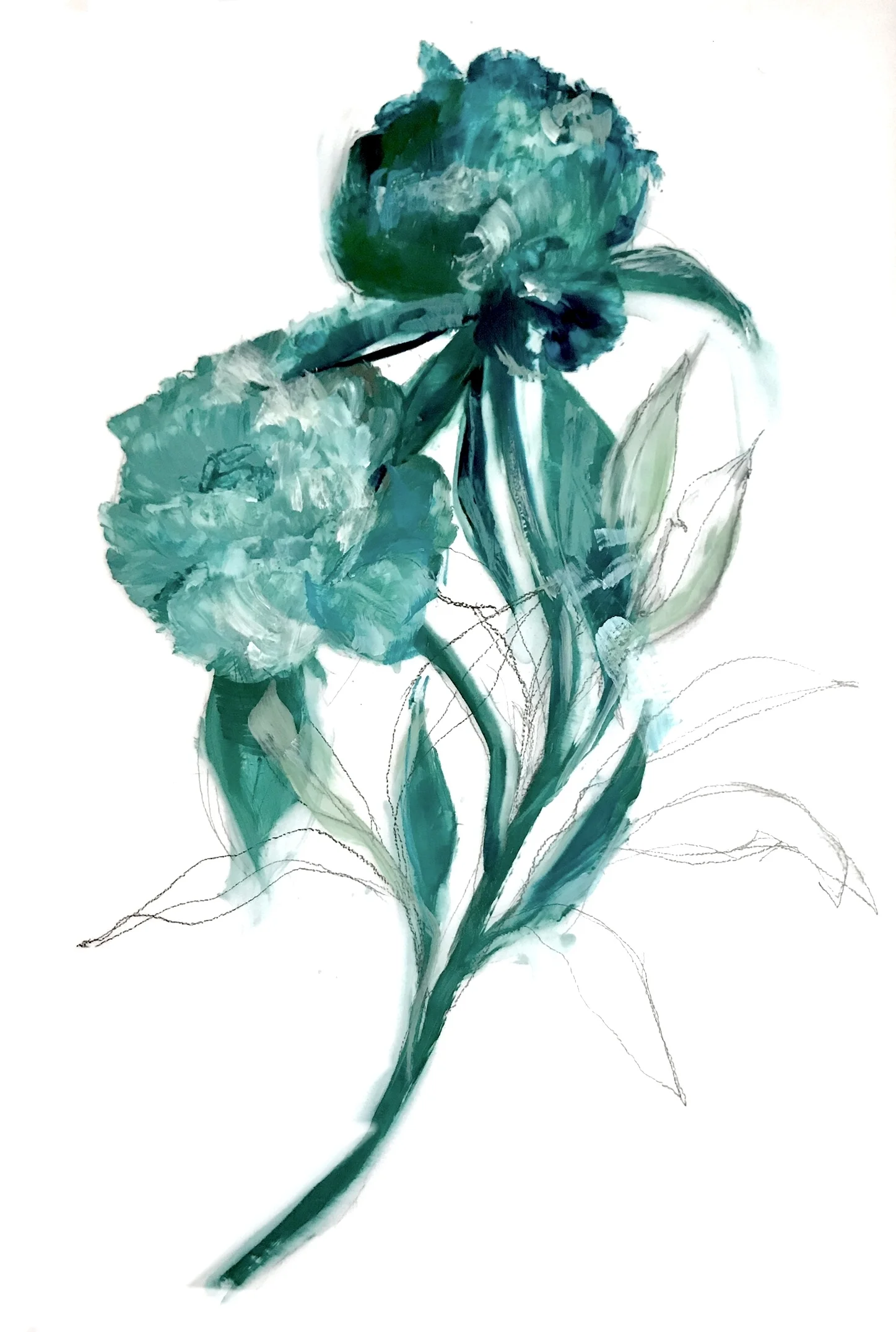 Teal Bouquet with Pencil, oil on mylar, 36 x 24 in.