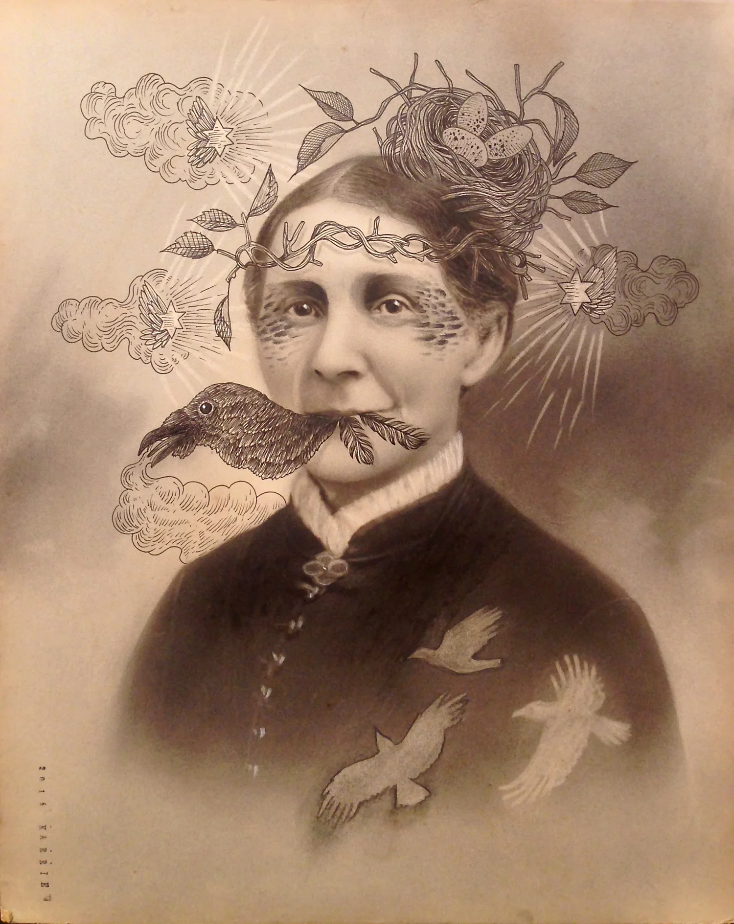 Tell Me A Story About A Bird With Black Feathers, mixed media on antique charcoal portrait, 20 x 16 in.