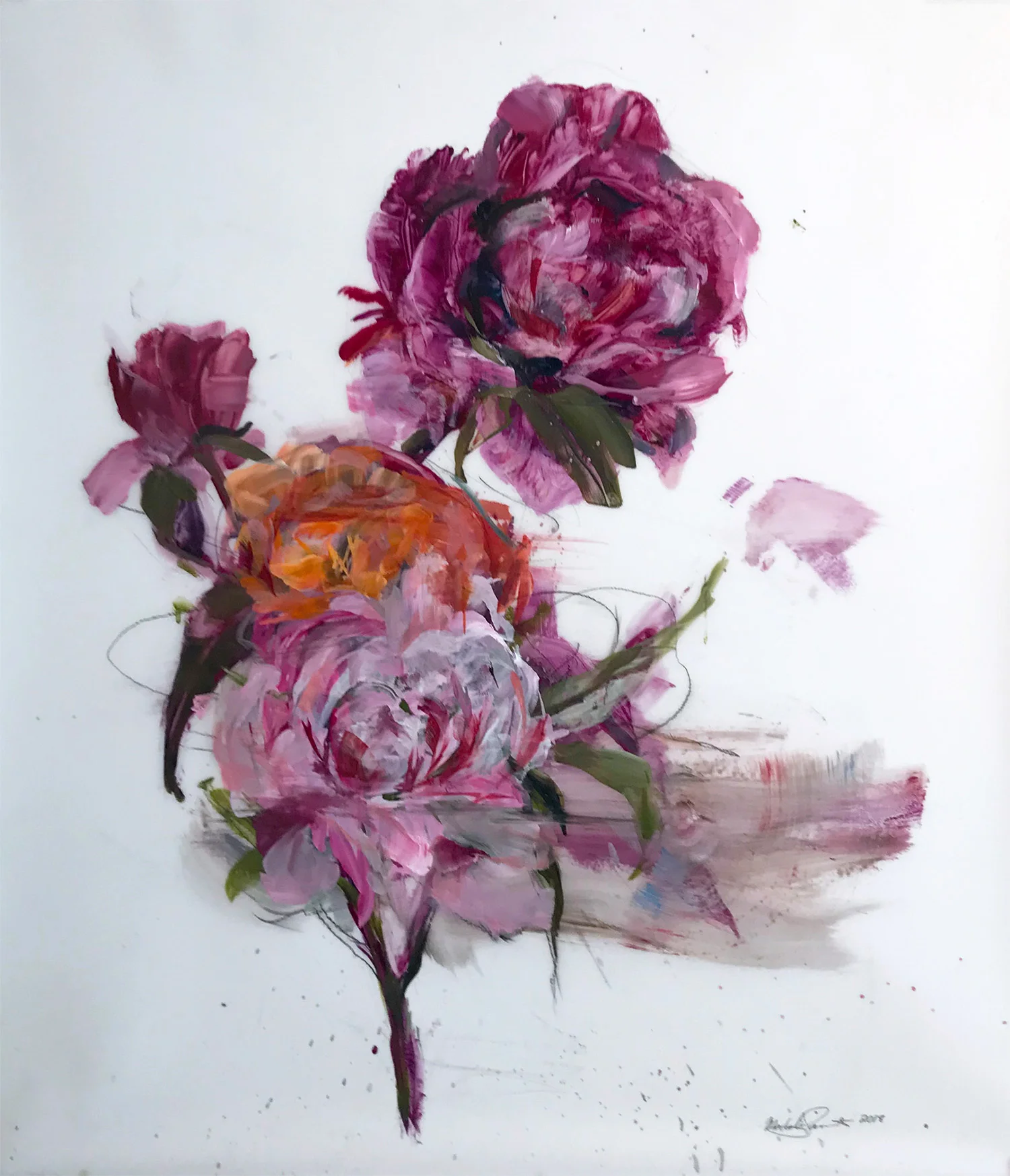 Madeleine Lamont, Pink Bouquet with Orange, oil on mylar, 41 x 36 in.