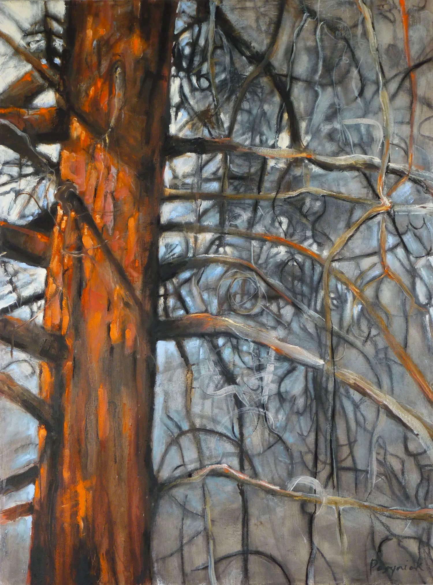 Teresa Posyniak, “Orange and Ash”, oil & cold wax on linen wrapped birch, 48 x 36 in.