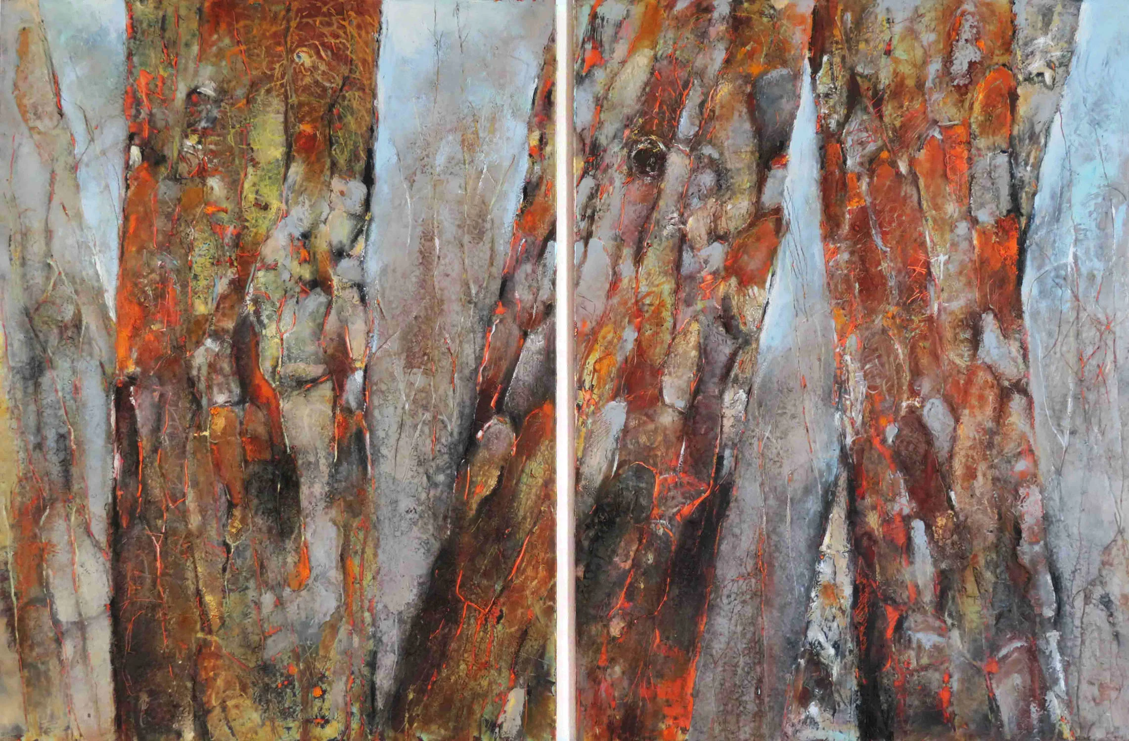 Teresa Posyniak, “Lit Within” (diptych), oil, cold wax & collage on birch, 40 x 60 in.