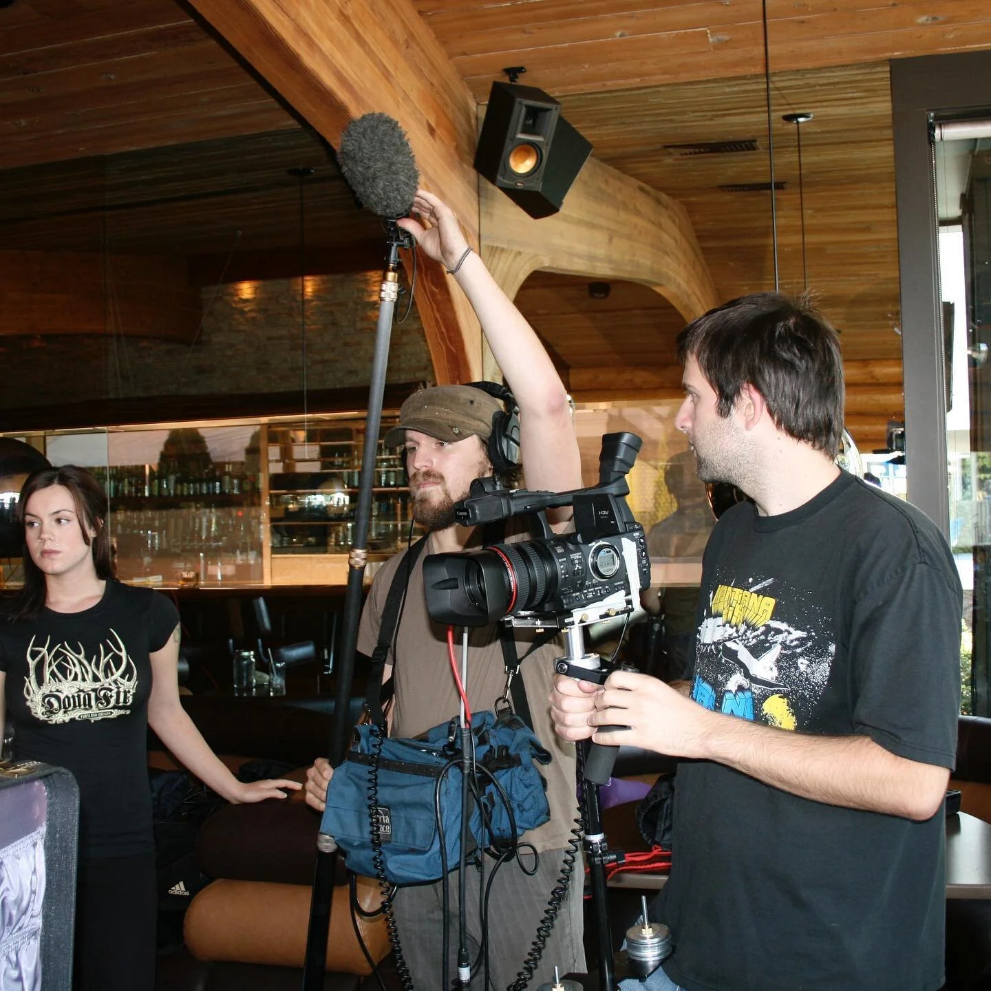 me and @repairwoman figuring out how to make a movie on tandem hearts circa 2009 @dougfirlounge. @heatherharlanfitness.