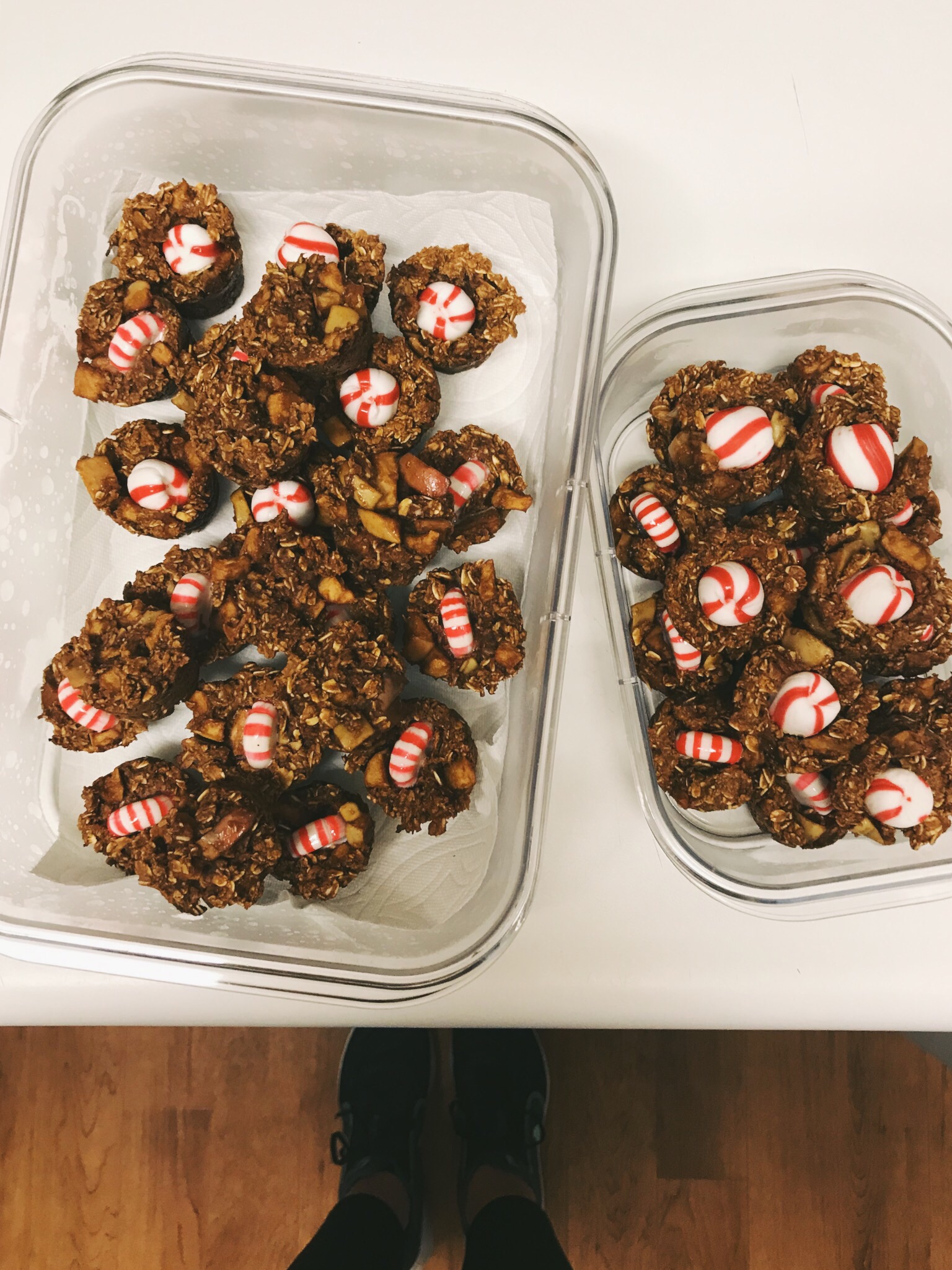 Christmas version of the cookies, with soft and hard peppermint candies (which both promptly melted from the apple juices!). Horses did not seem to mind.