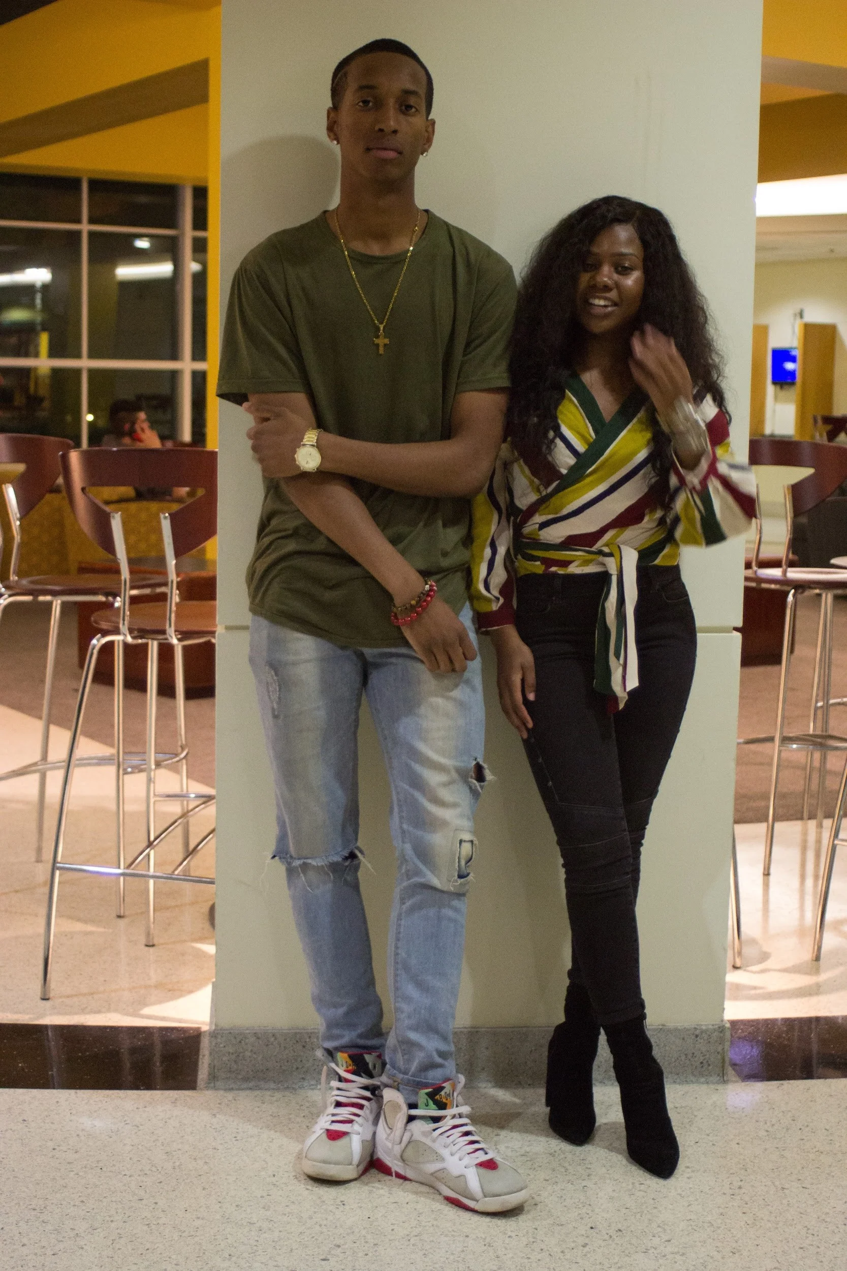 Nehemiah Davis, Mr. Senior BSU and computer science major, stands with Ebone Baker, Mrs. Senior BSU and geographic information science major in Stamp Student Union. Both of their campaigns rely on creating a supportive environment for UMD’s black students. Photo by Cameron Jackson.)