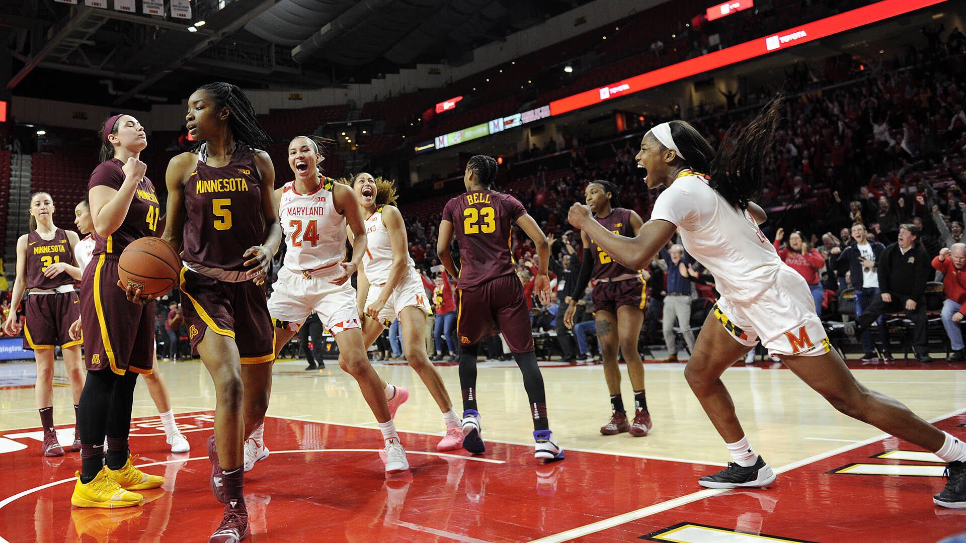 Junior guard Kaila Charles celebrates after her game-winning layup gives Maryland a 71-69 comeback win over Minnesota on Thursday, Feb. 21, 2019, at the Xfinity Center in College Park, Maryland. (Photo courtesy of Maryland Athletics)