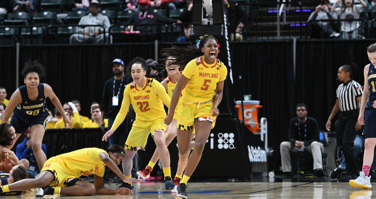 Junior guard Kaila Charles celebrates after a late defensive stand sends Maryland to the Big Ten championship game against iowa. (Photo courtesy of Maryland Athletics)