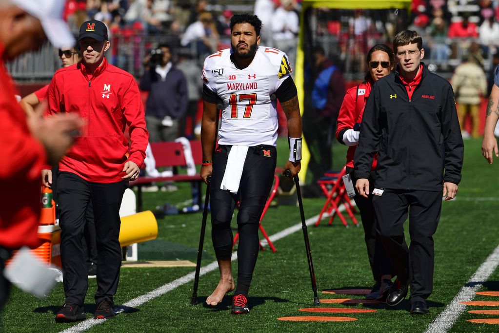 Josh Jackson exited Saturday’s game with crutches after high-ankle sprain. Photo obtained from the Washington Post . (Corey Perrine/Getty Images)