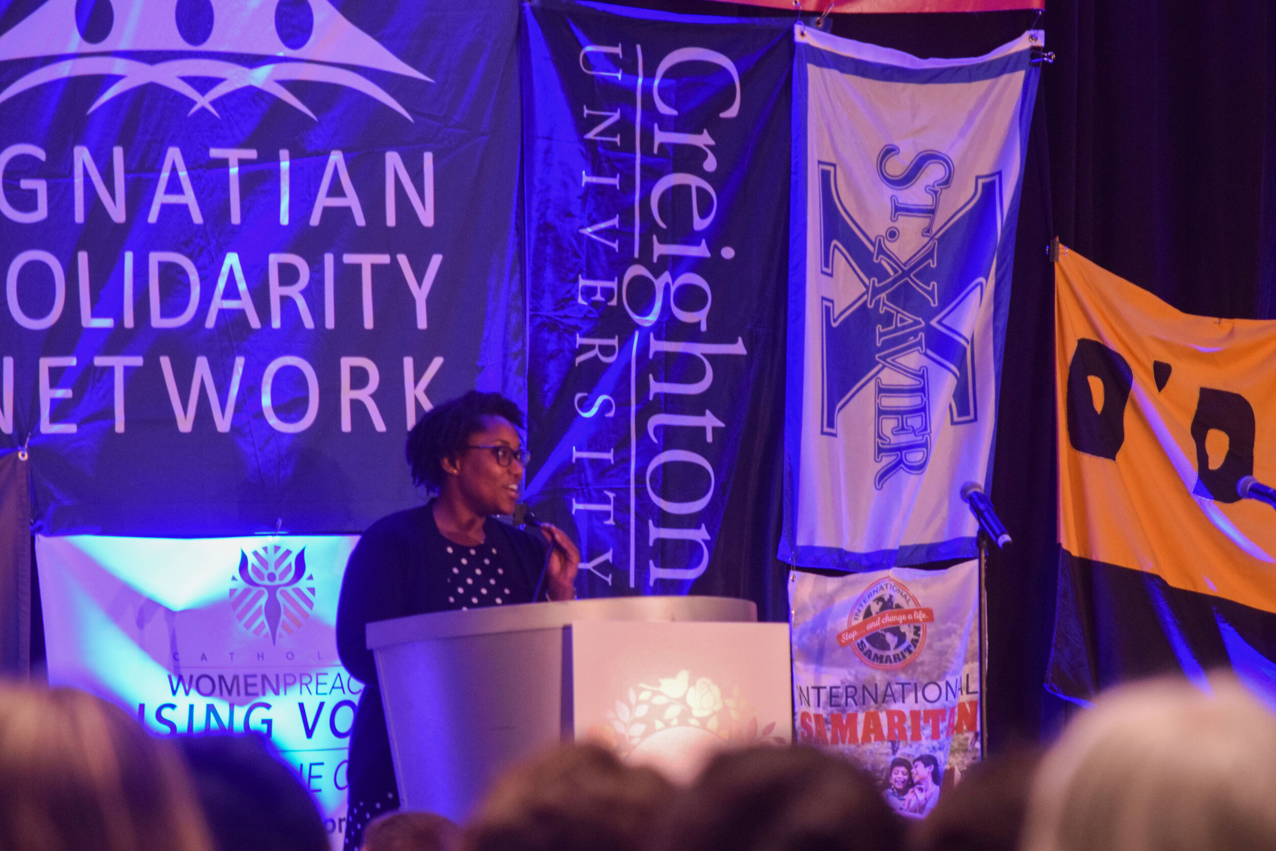  Marcia Chatelain, an associate professor at Georgetown University in Washington, addresses the audience at the 2019 Ignatian Family Teach-In for Justice in Washington, D.C. Chatelain is currently working on the book “Franchise: The Golden Arches in 