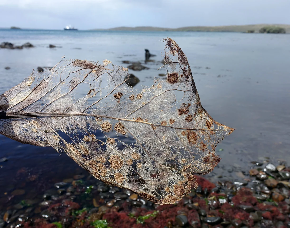 Sally McInerney - Seal, ship, leaf, Enderby Island 2017