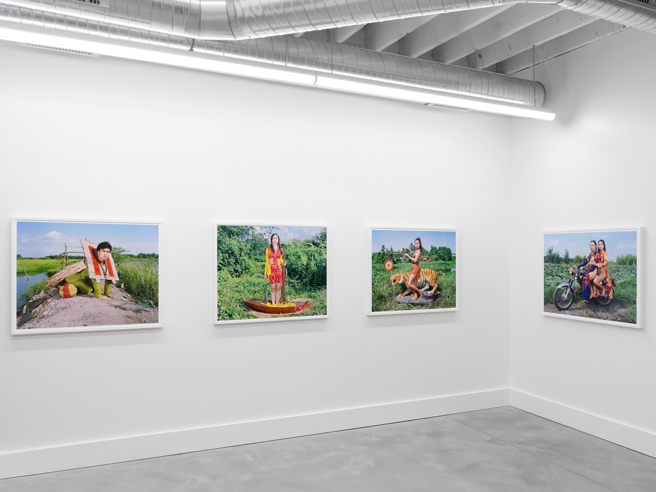  Installation view of Olivier Laude:   Chiến Thắng Ba Tơ left to right:  Cáng-e, Sis{Quynh}-naut, Hổ Di, &amp; Pro Bono Publico II,  