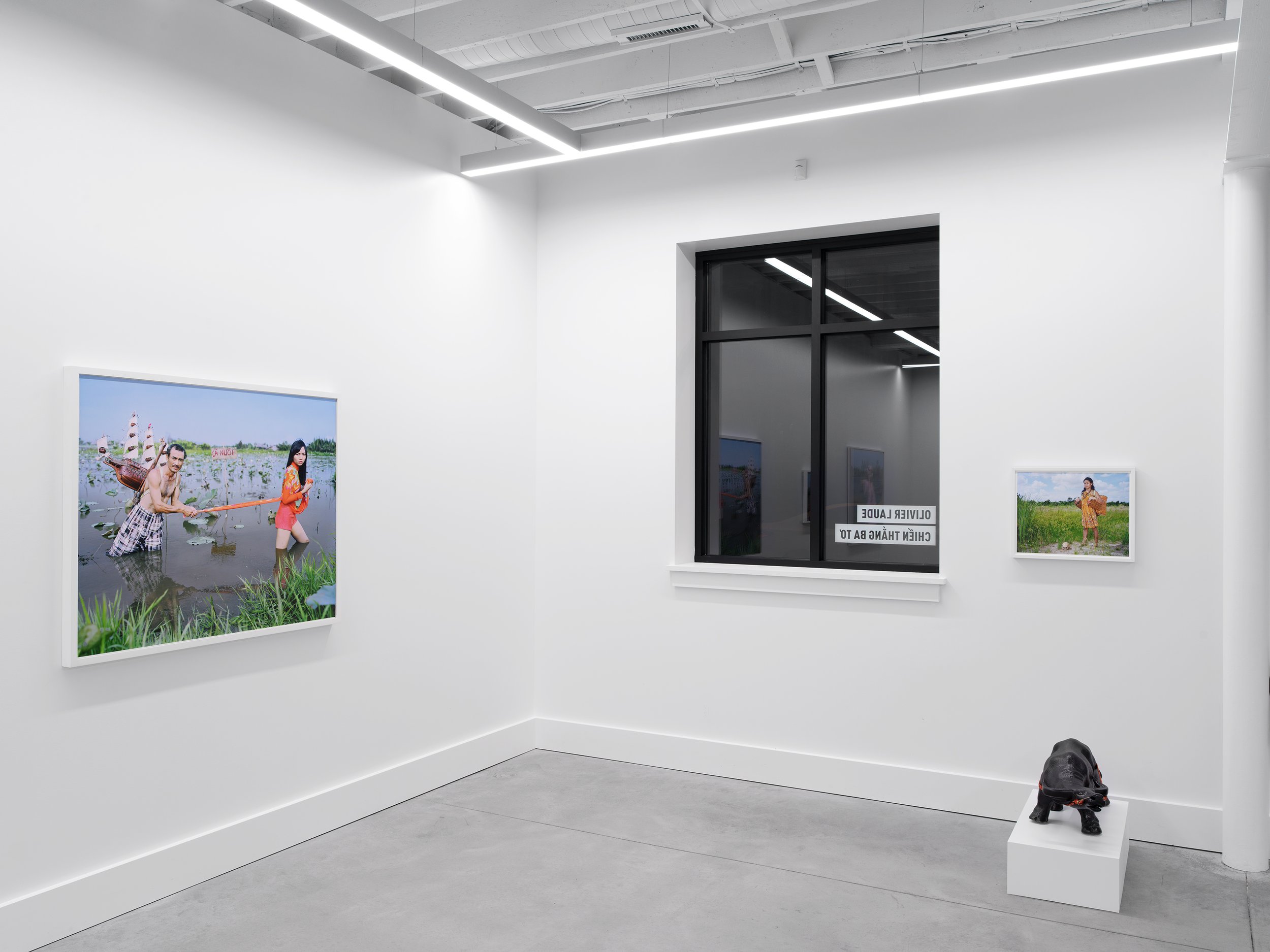  Installation view of Olivier Laude:   Chiến Thắng Ba Tơ left to right:  Cá Nuôi, &amp; រាជធានីភីង, &amp; Untitled (Buffalo)  