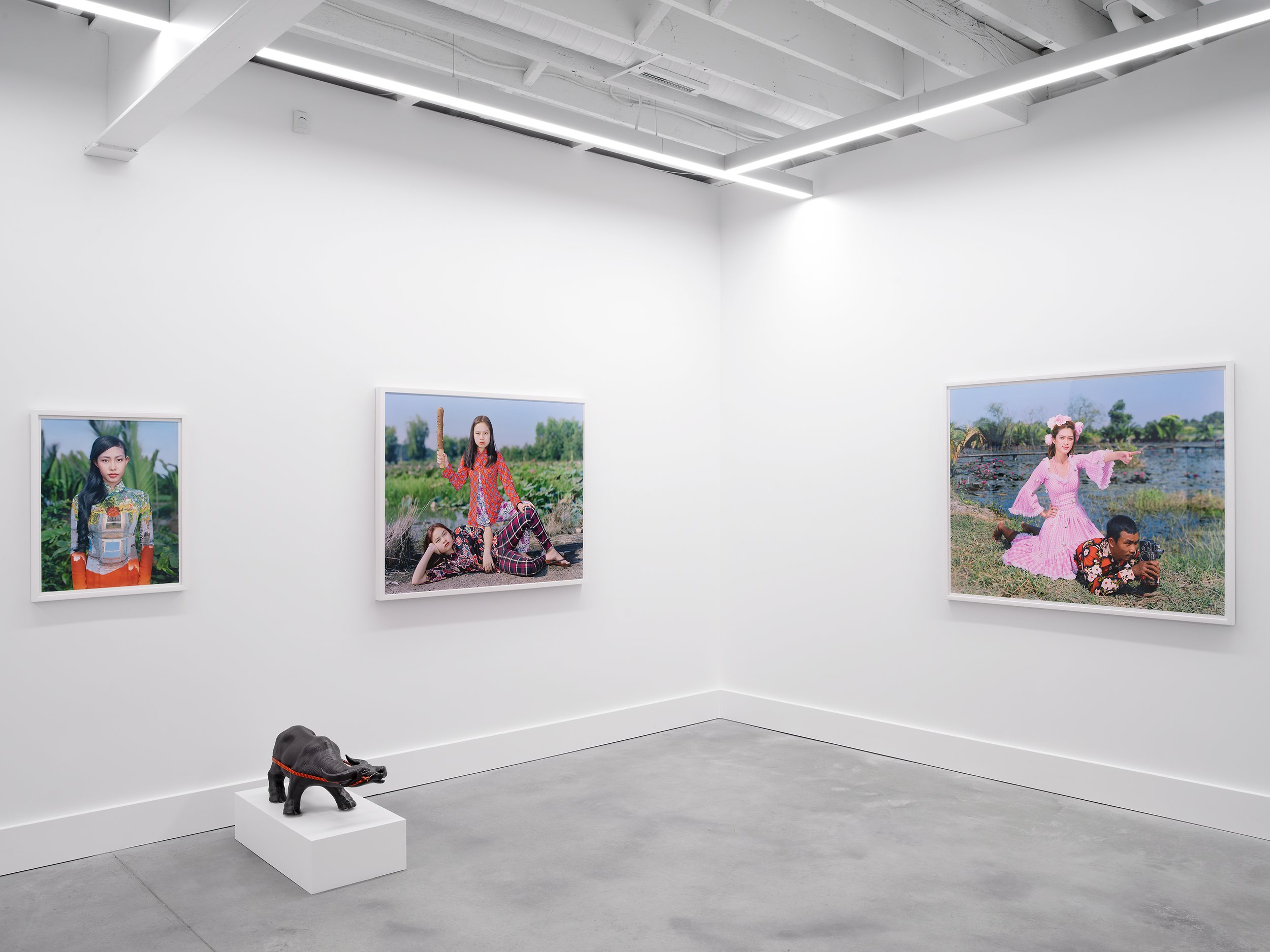  Installation view of Olivier Laude:   Chiến Thắng Ba Tơ left to right:  Tuyền Vestida, Untitled (Buffalo), The Wrongerers, &amp; Moving-Antoine-Nguyệt,   