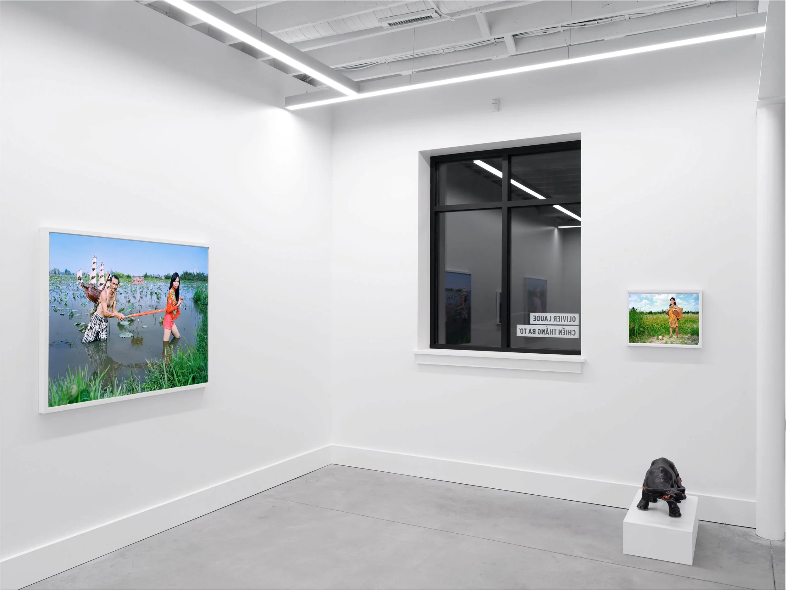 Installation view of Olivier Laude: Chiến Thắng Ba Tơ left to right: Cá Nuôi, & រាជធានីភីង, & Untitled (Buffalo)