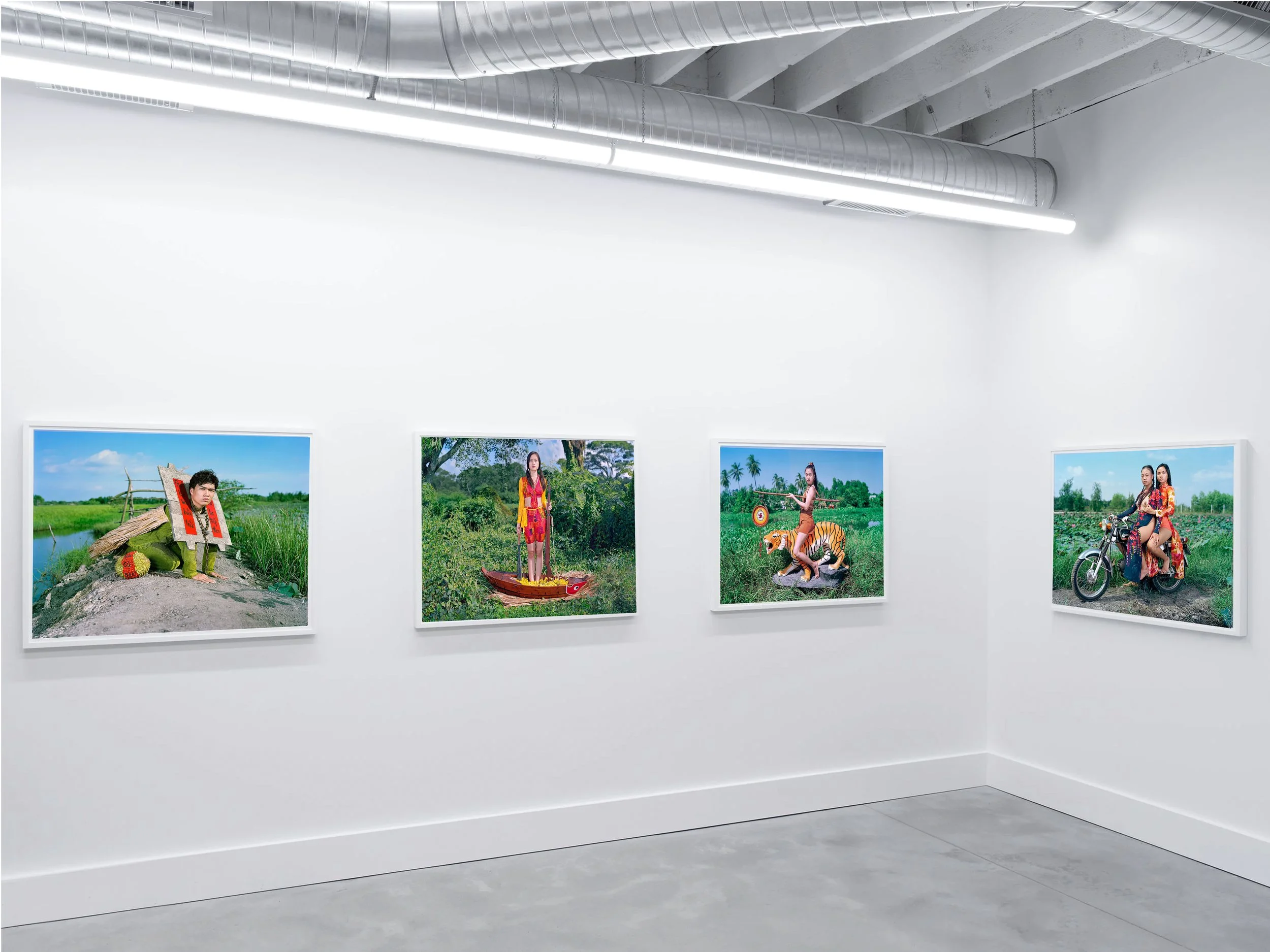 Installation view of Olivier Laude: Chiến Thắng Ba Tơ left to right: Cáng-e, Sis{Quynh}-naut, Hổ Di, & Pro Bono Publico II,