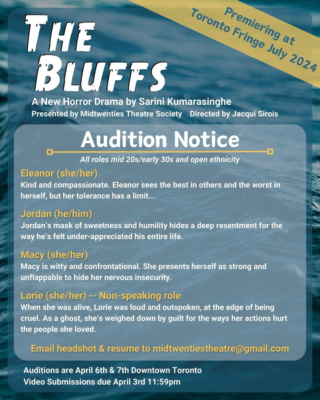 After a 4-year hiatus, Midtwenties Theatre Society is proud to be back to premiere &ldquo;THE BLUFFS&rdquo; for the 2024 Toronto Fringe Festival in July!

We are holding actor auditions in early April - If you are interested in being involved, please