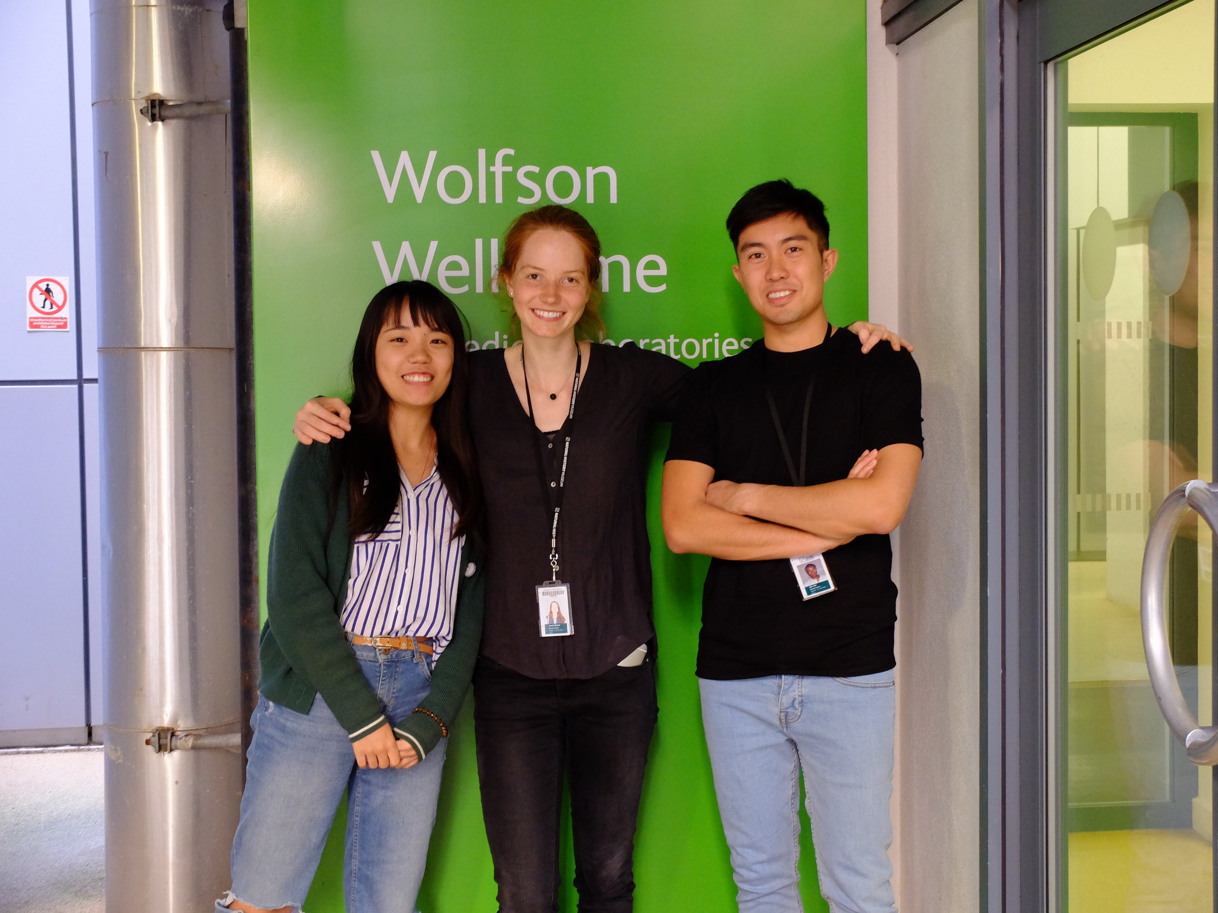 Xiuming, Laura and Eric outside the Wolfson Wellcome lab