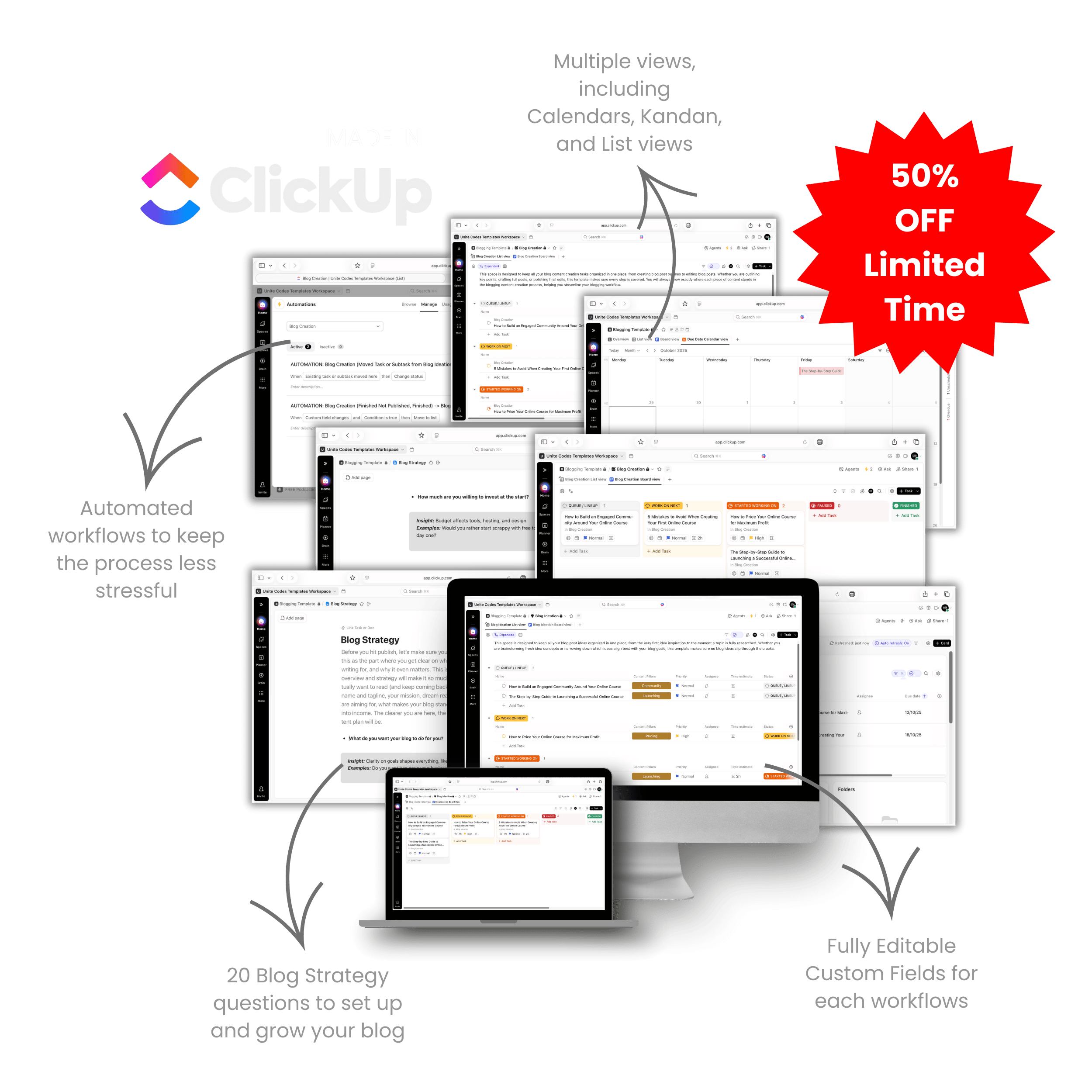 blog clickup template 50% off sale