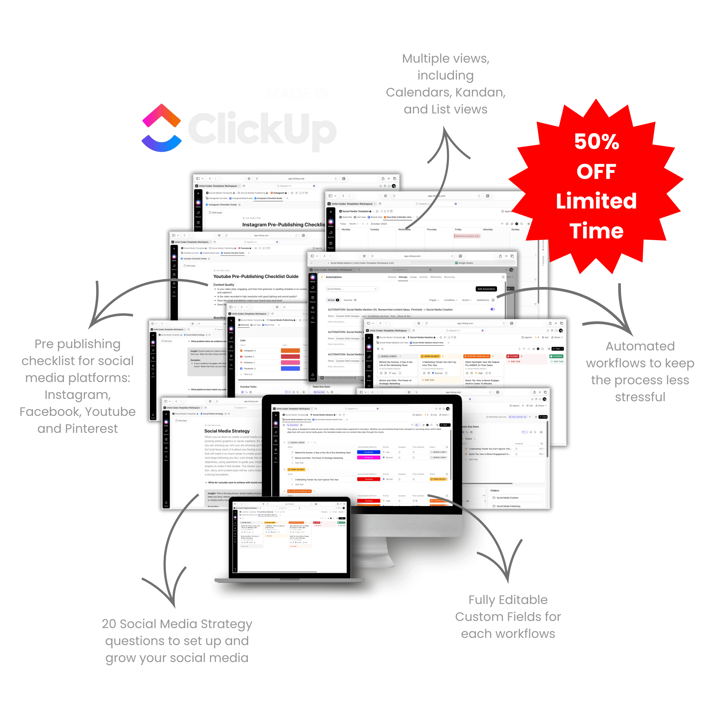 social media clickup template 50%off sale