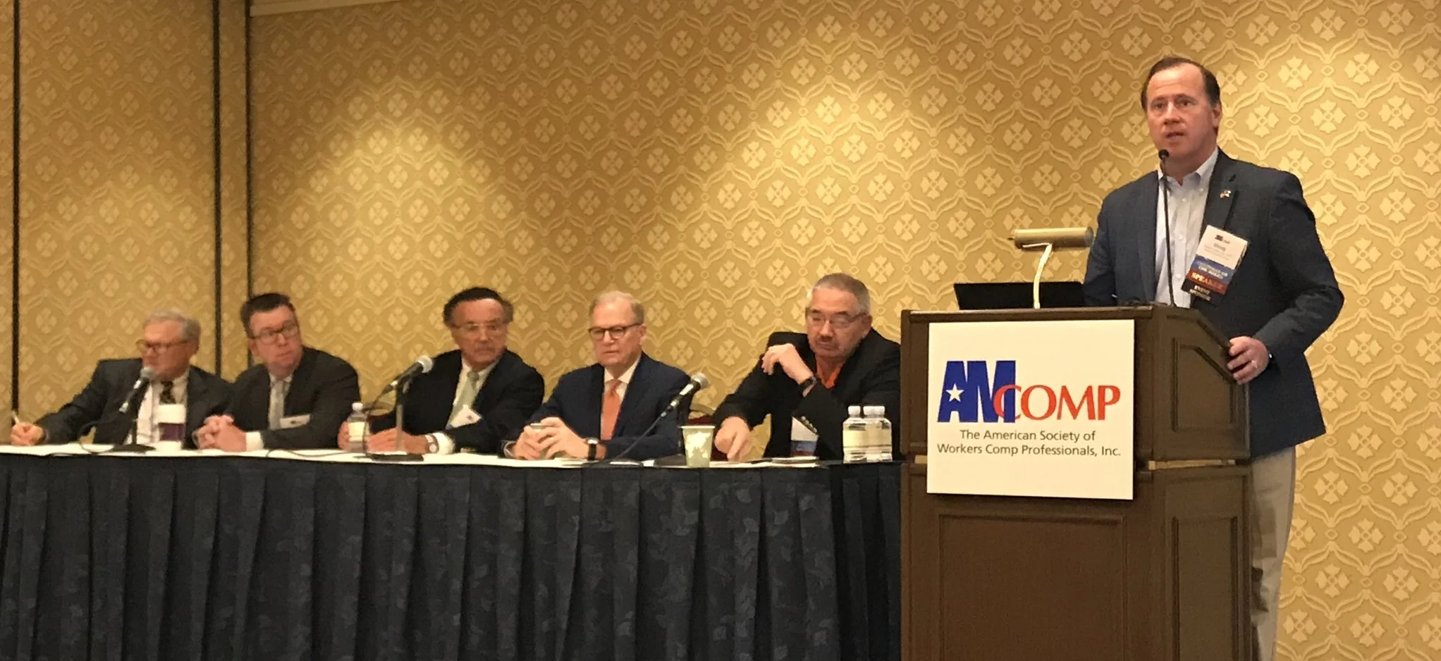 CEO PANEL : (Standing) Doug Hayden, AMCOMP Chairman & President of Wright Public Entity. (Seated L to R) Neal Conolly, former President of Wright Flood; Matthew Zender, SVP, AmTrust Financial Services; John Leonard, President Emeritus, MEMIC; Bill Fishlinger, Gramercy Risk Holdings; Tom Phelan, President & CEO, Chesapeake Employers Insurance Company