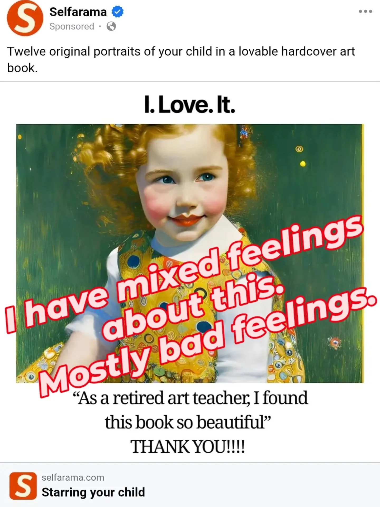 Saw this ad. As a portrait painter, I'm not sure how I feel about it, but I can't say it feels good. It's a good idea for a product, no doubt. I think lots of people would love to have it. But it also feels icky to me because I care about original ar