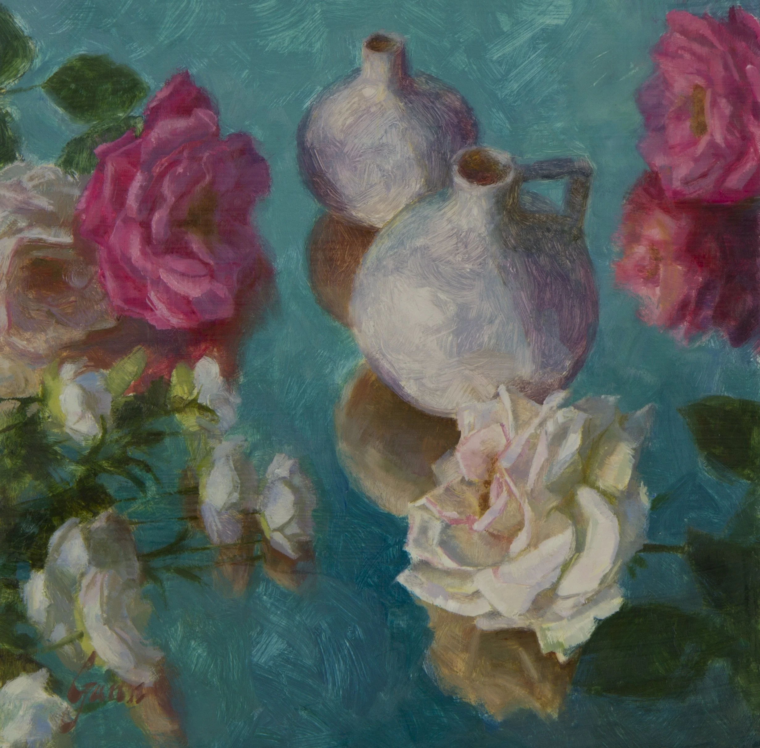 White Vases on a Mirror