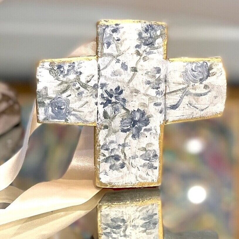 golden rule cross, hand crafted cross, prayersontheside, cross gift, flower cross, hand painted cross, catholic gift,