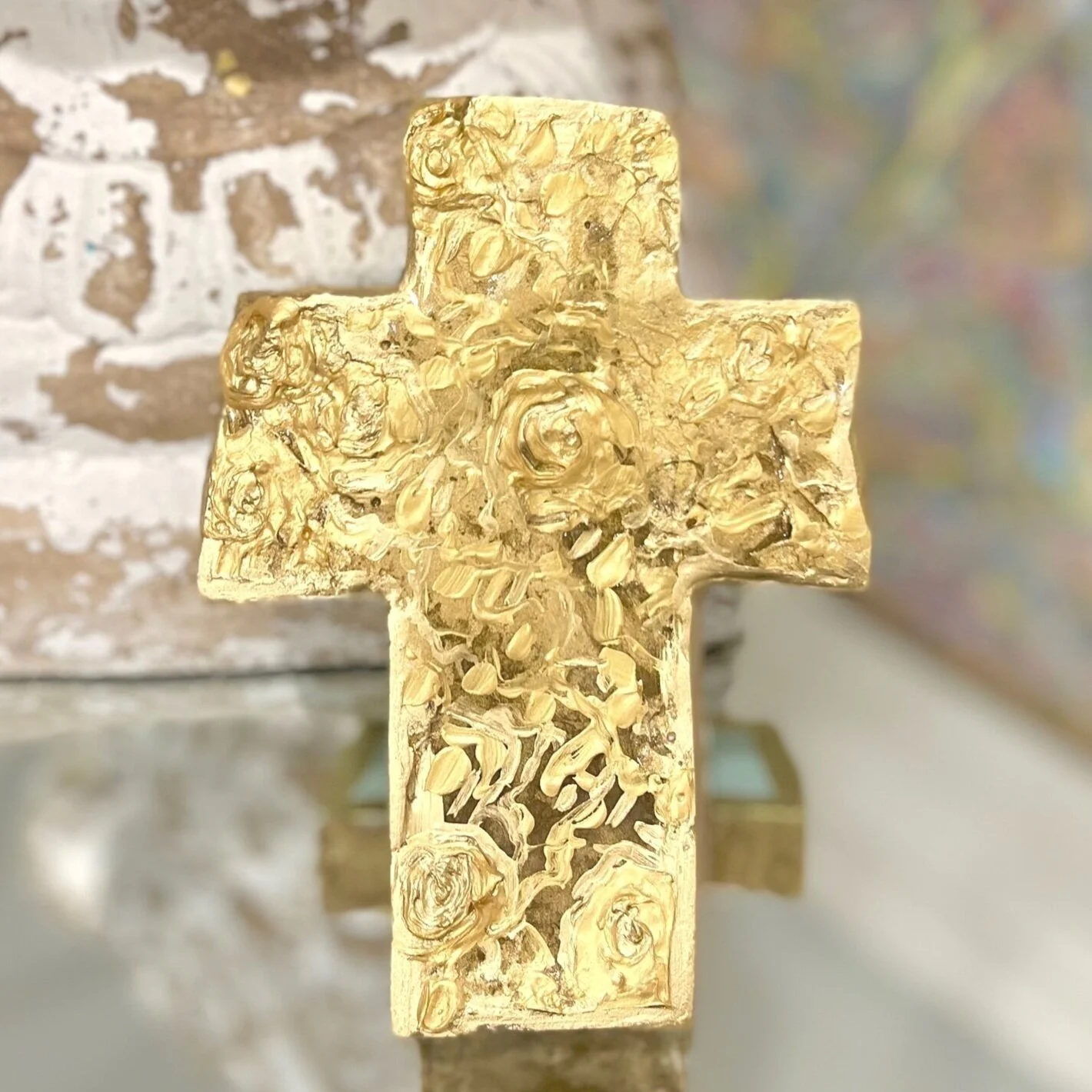 gold cross, gold flower cross, hand painted cross, prayersontheside, suzanne lyell, the catholic company, catholic art, wedding cross, hand crafted cross