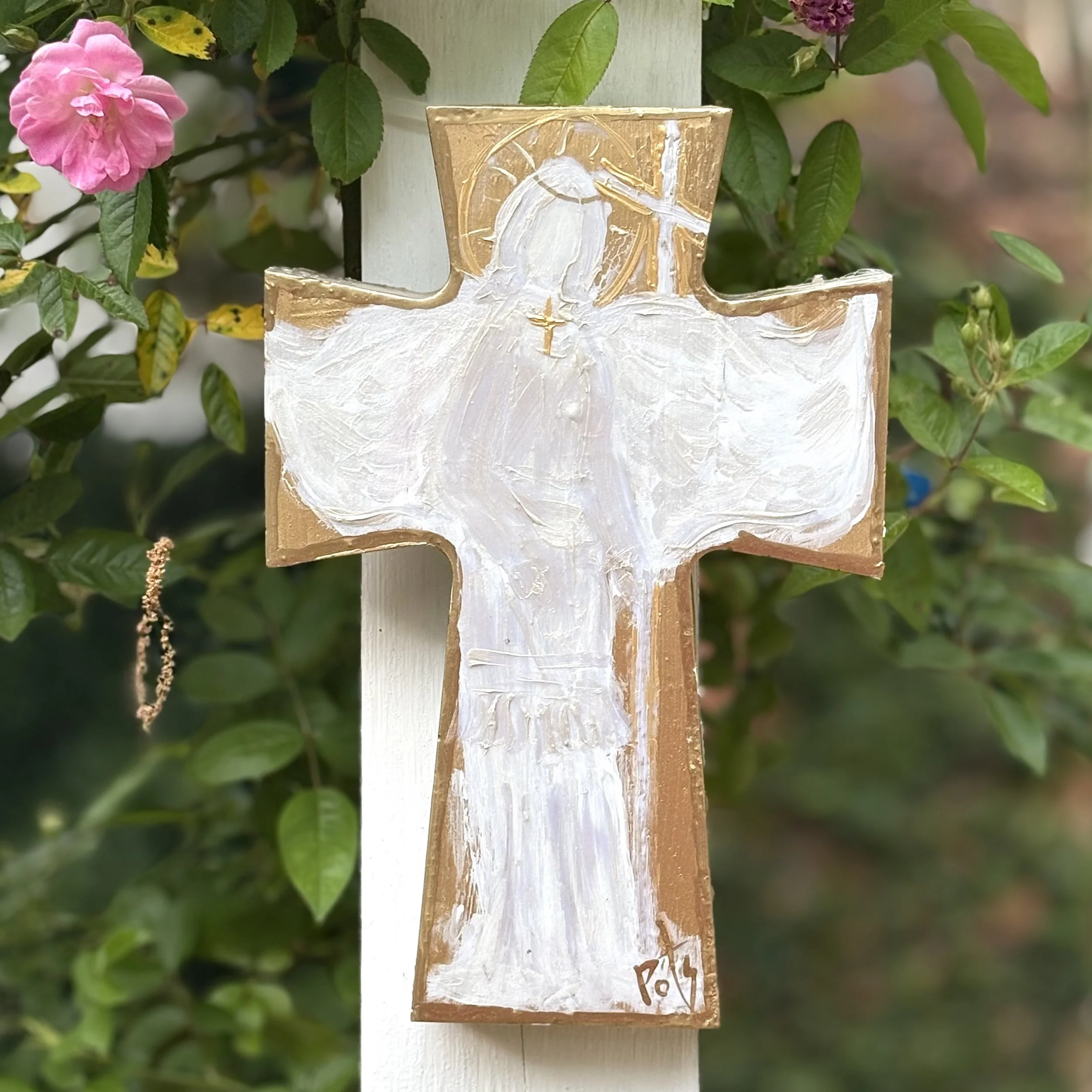 angel cross, gold cross, st. michael cross, st michael cross, saint michael cross, hand painted cross, ewtn, the catholic company,