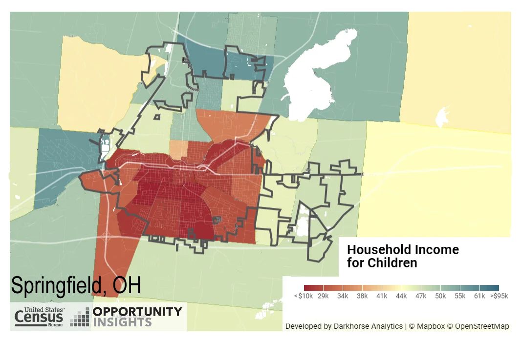 Opportunity Atlas map for Springfield, OH estimates the projected household income for children today by their census tract of residence