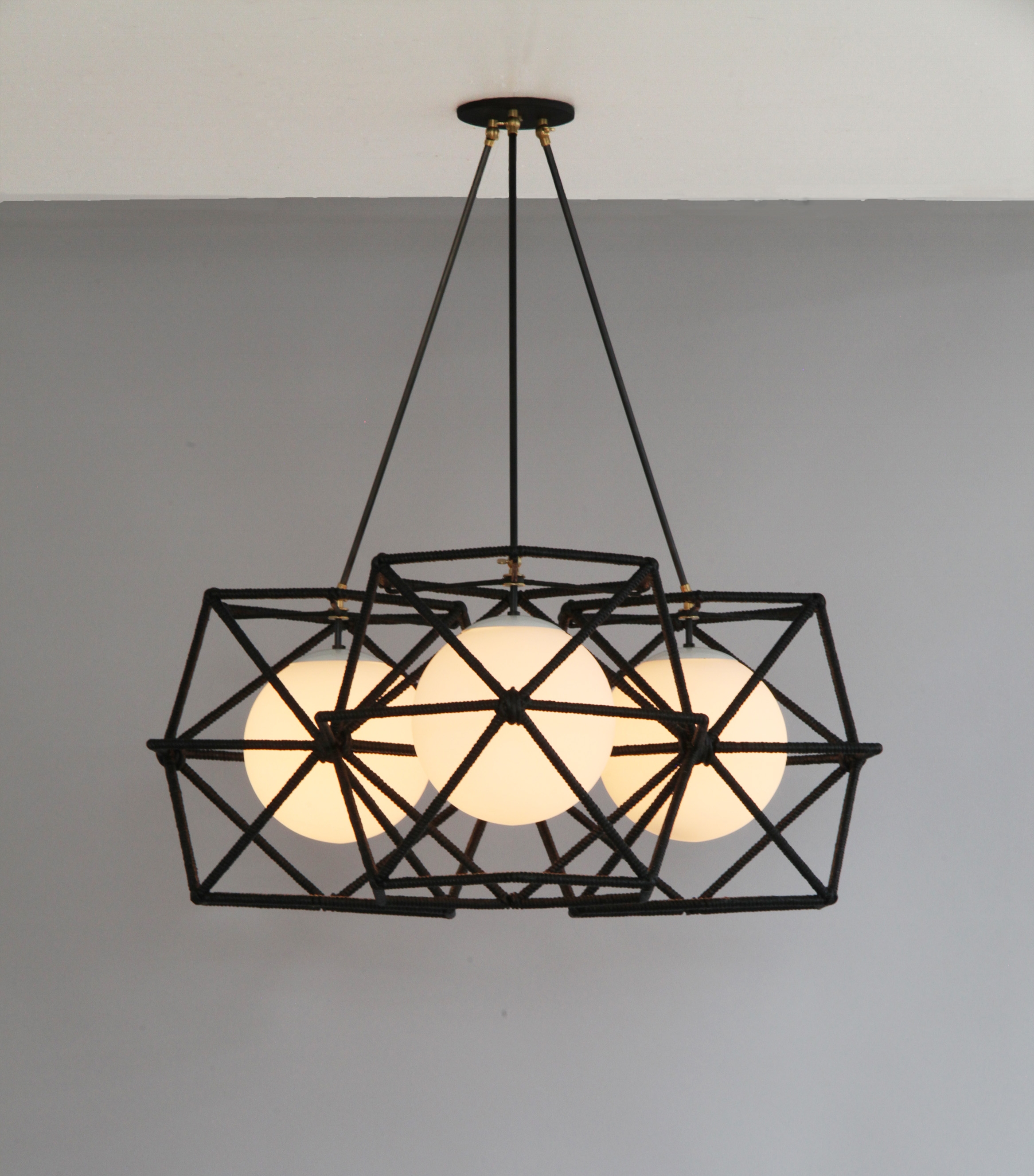 C-214 Hexagonal Cage Rope Ceiling Fixture BLACK TRIO LIT.jpg